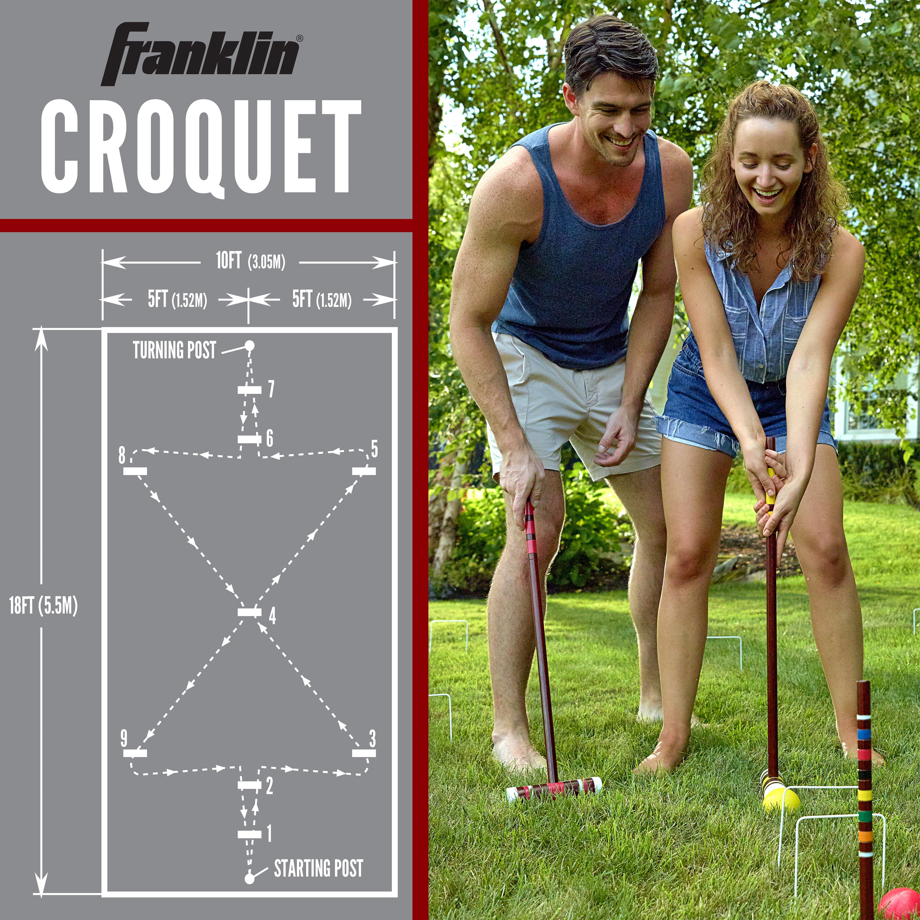 Franklin Sports Croquet Set - Includes 6 Croquet Wood Mallets, 6 All Weather Balls, 2 Wood Stakes and 9 Metal Wickets - Classic Family Outdoor Game - Family Set - Image 3