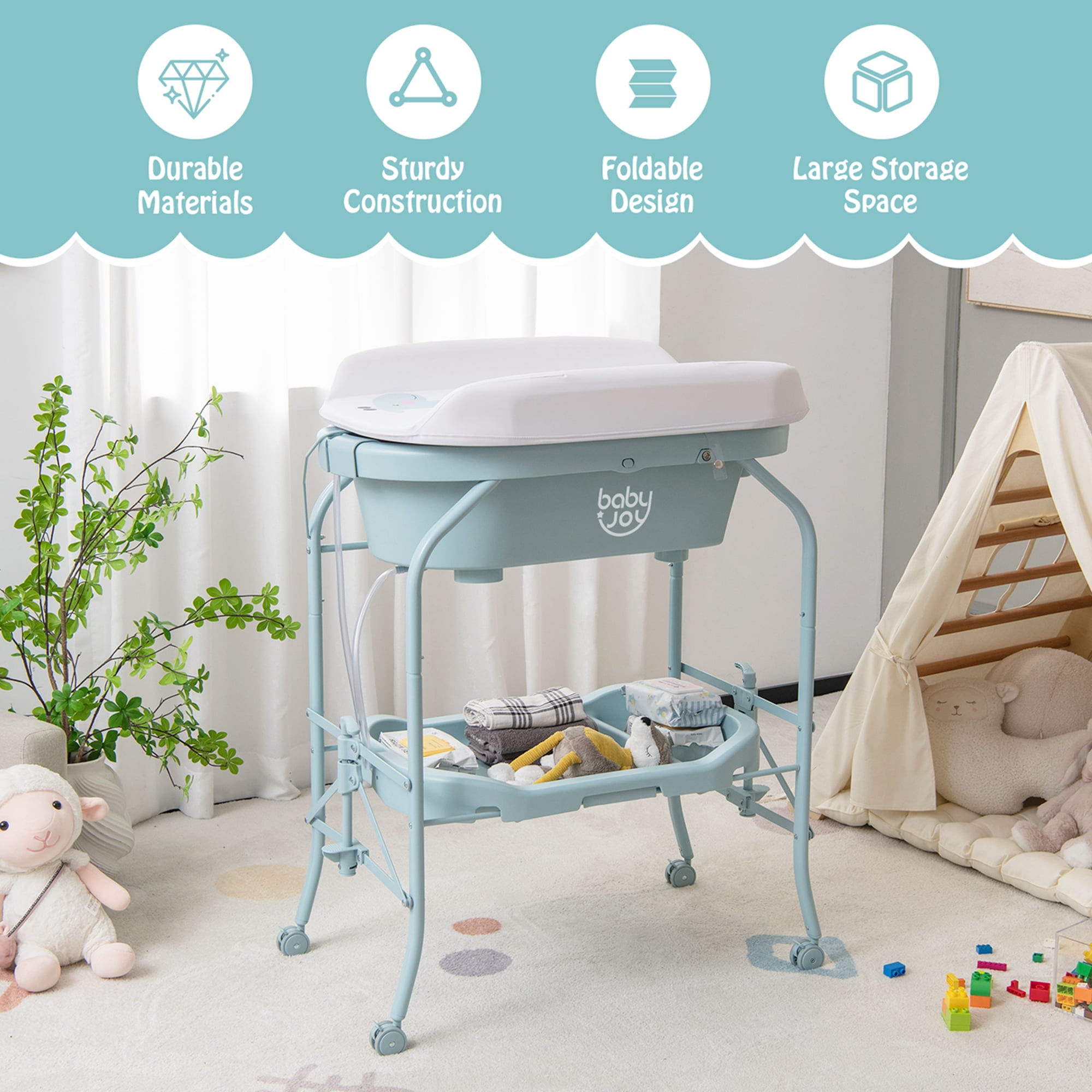 Babyjoy Changing Table with Bathtub Folding Portable Diaper Station Steel 0-12 Months PP Blue - Image 4