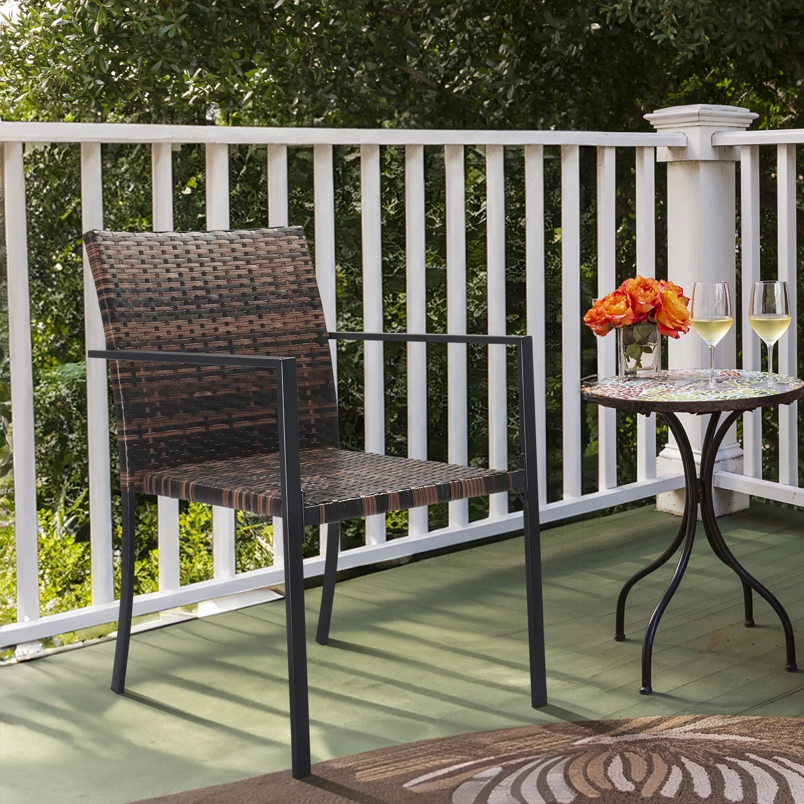 Zimtown 2 Pack Wicker Dining Chairs, Wicker Stackble Chair for Outdoor and Indoor, All Weather Chairs with Armrest and Backrest, Sturdy Iron Frame,Brown - Image 2