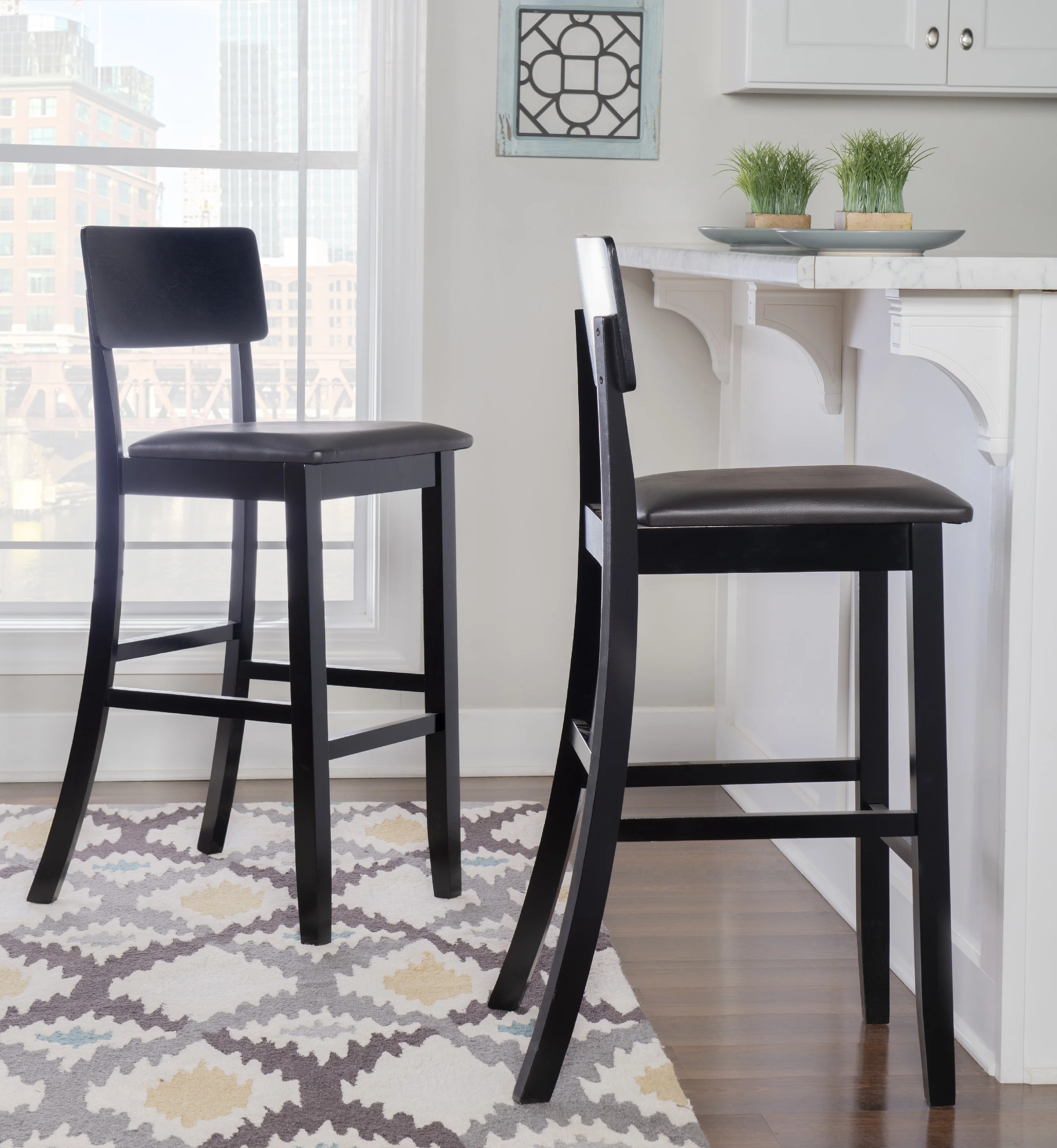 Linon Tamela 30" Mid Back Indoor Bar Stool, Black/Dark Brown Faux Leather - Image 2