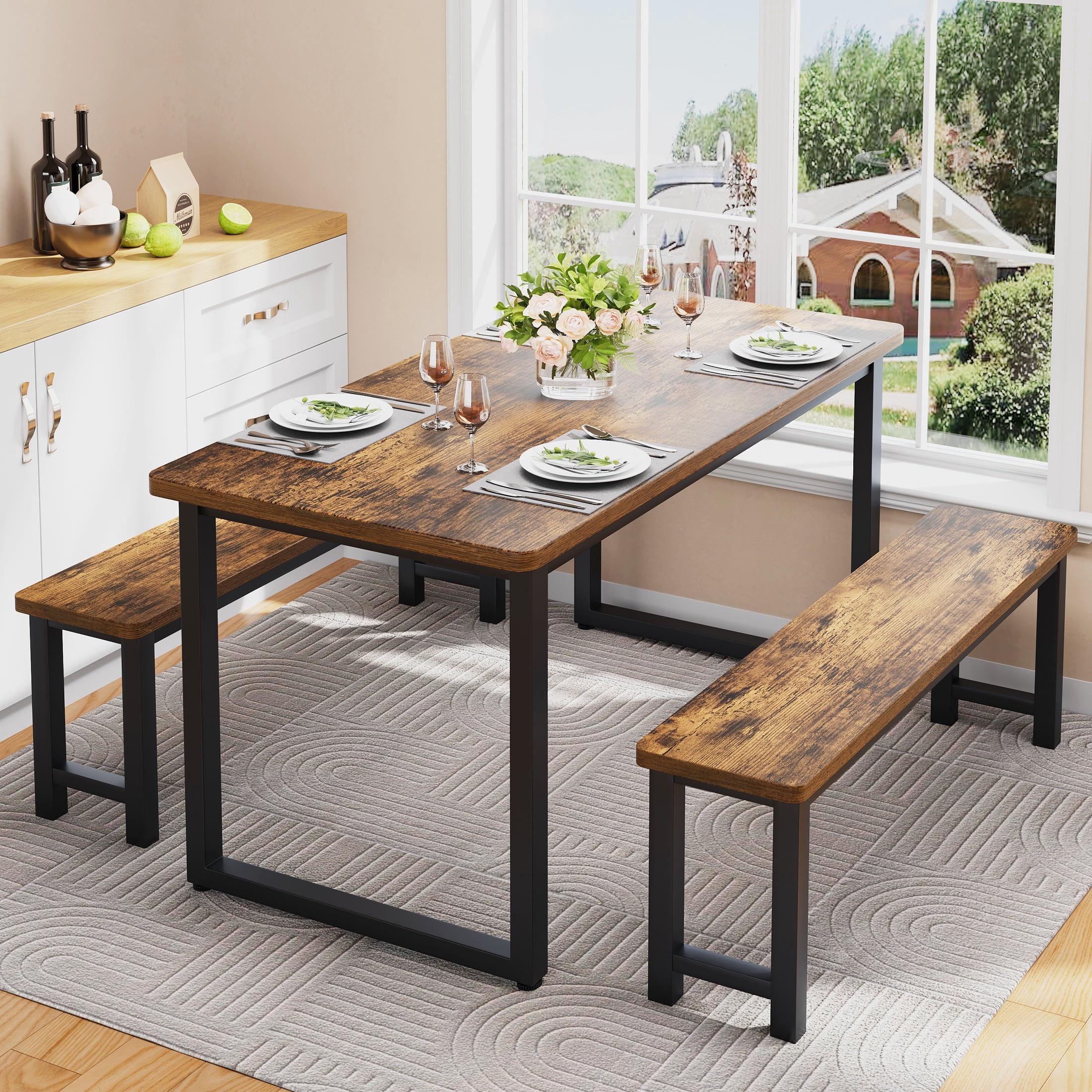 PORKISS 47.2" Dining Table Set for 4, Kitchen Table with 2 Benches, Wood Dining Room Dinette Sets with Metal Frame for Breakfast Nook and Small Space - Brown - Image 10