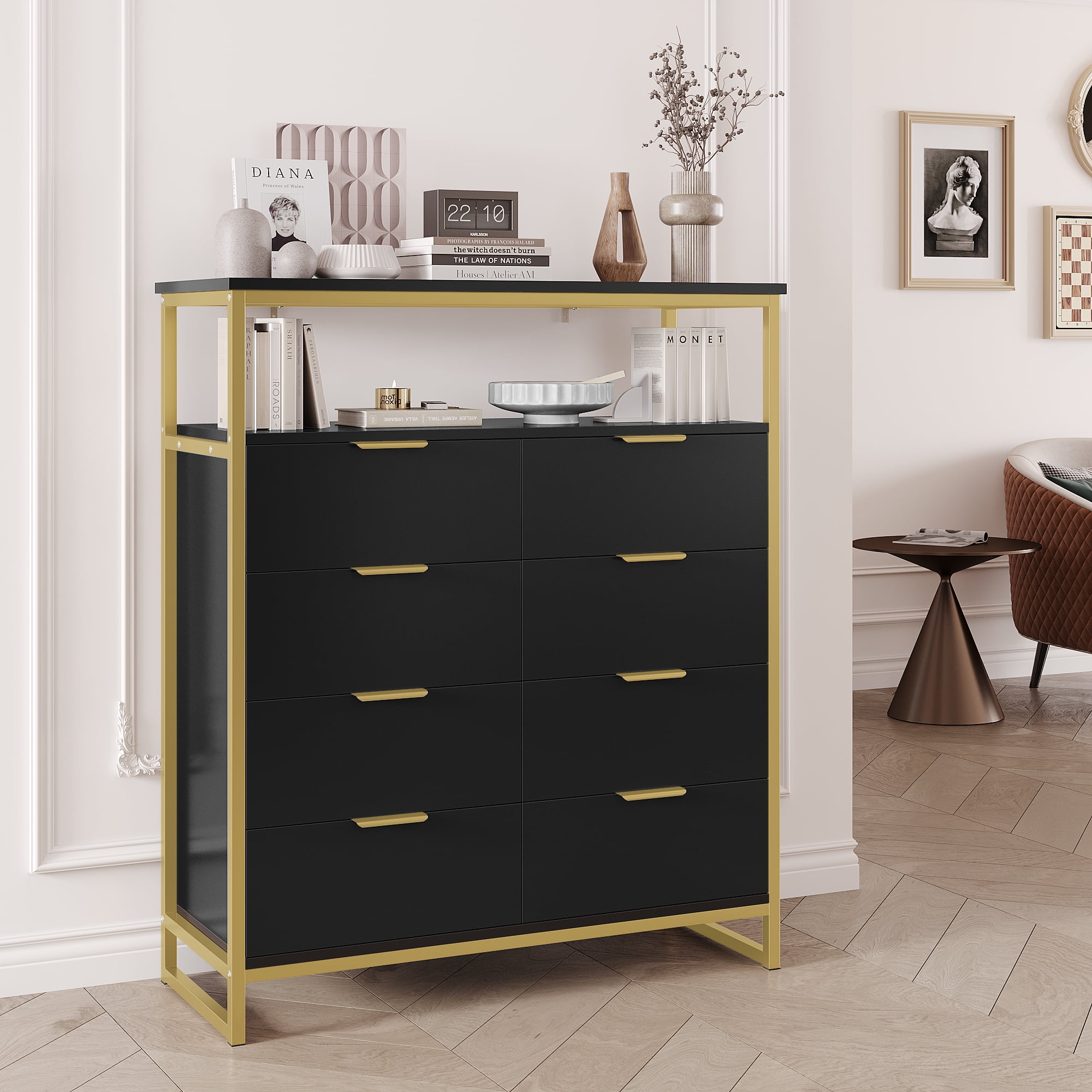 Homfa 8 Drawer Dresser for Bedroom, Modern Chest of Drawer, Wood Storage Cabinet with Shelf for Living Room, Black Gold - Image 8