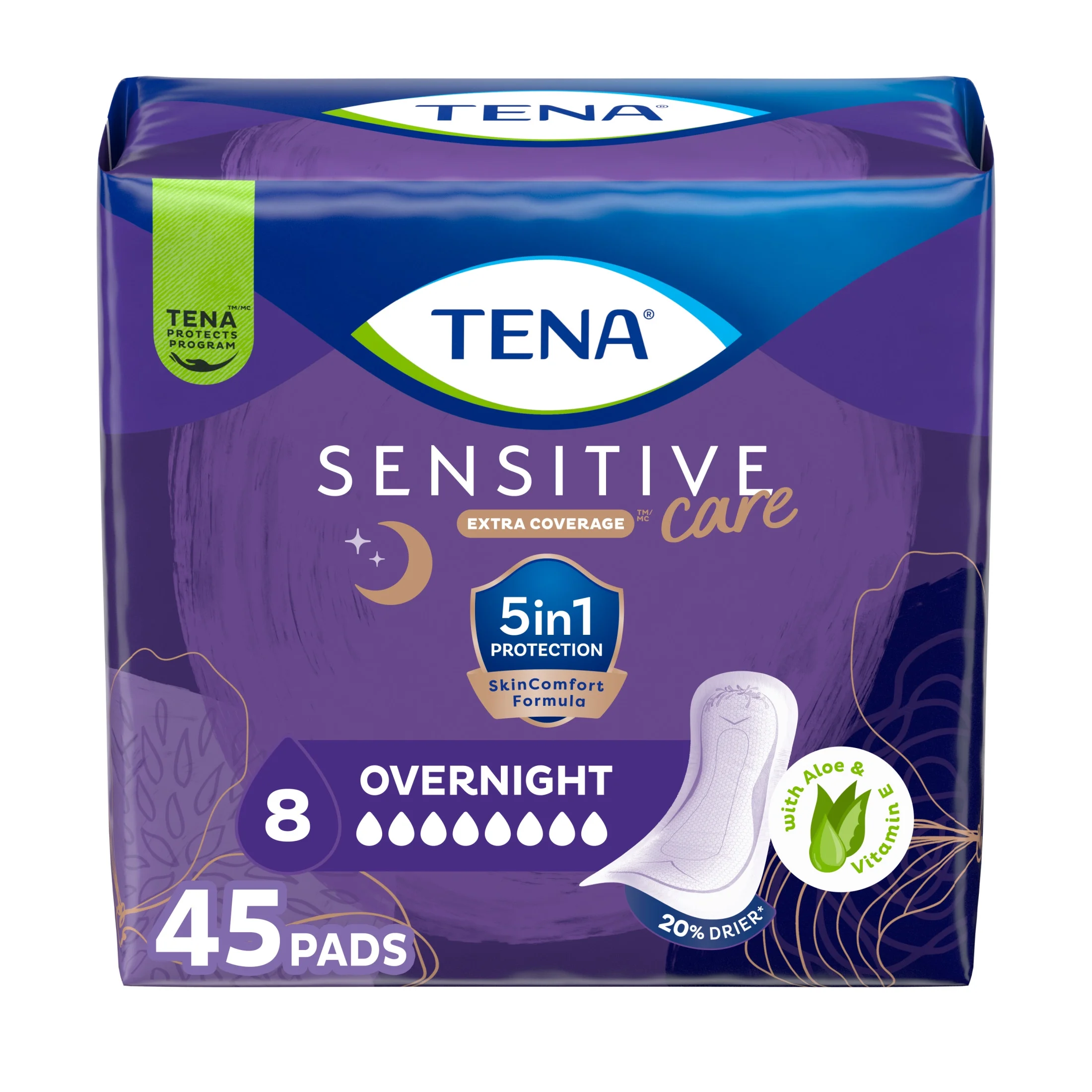 (6 pack) Tena Sensitive Care Extra Coverage Overnight Incontinence Pads for Women, 45 Count - Image 2