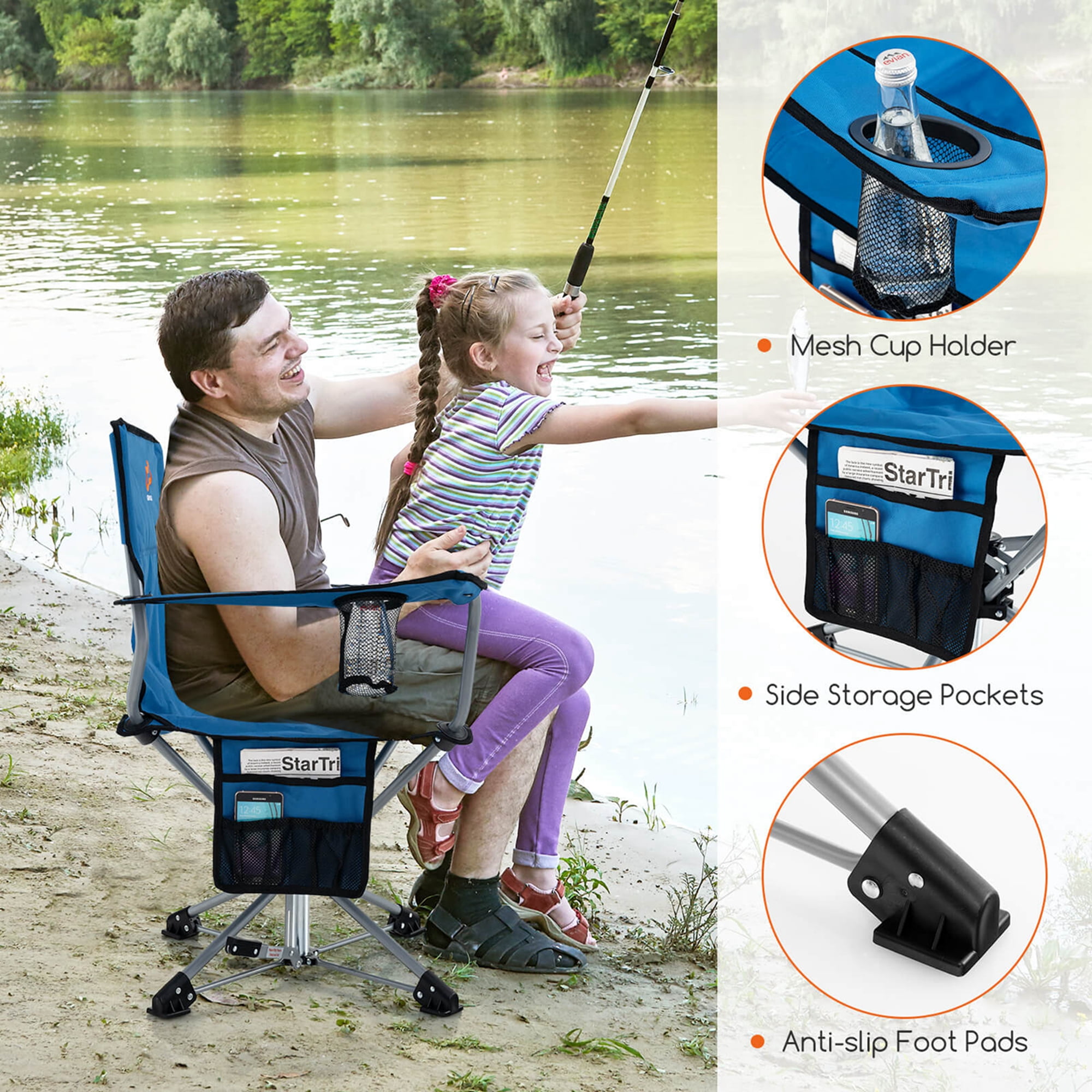 Costway 360° Swivel Hunting Chair with Mesh Cup Holder & Storage Pockets Cozy Backrest Blue - Image 9