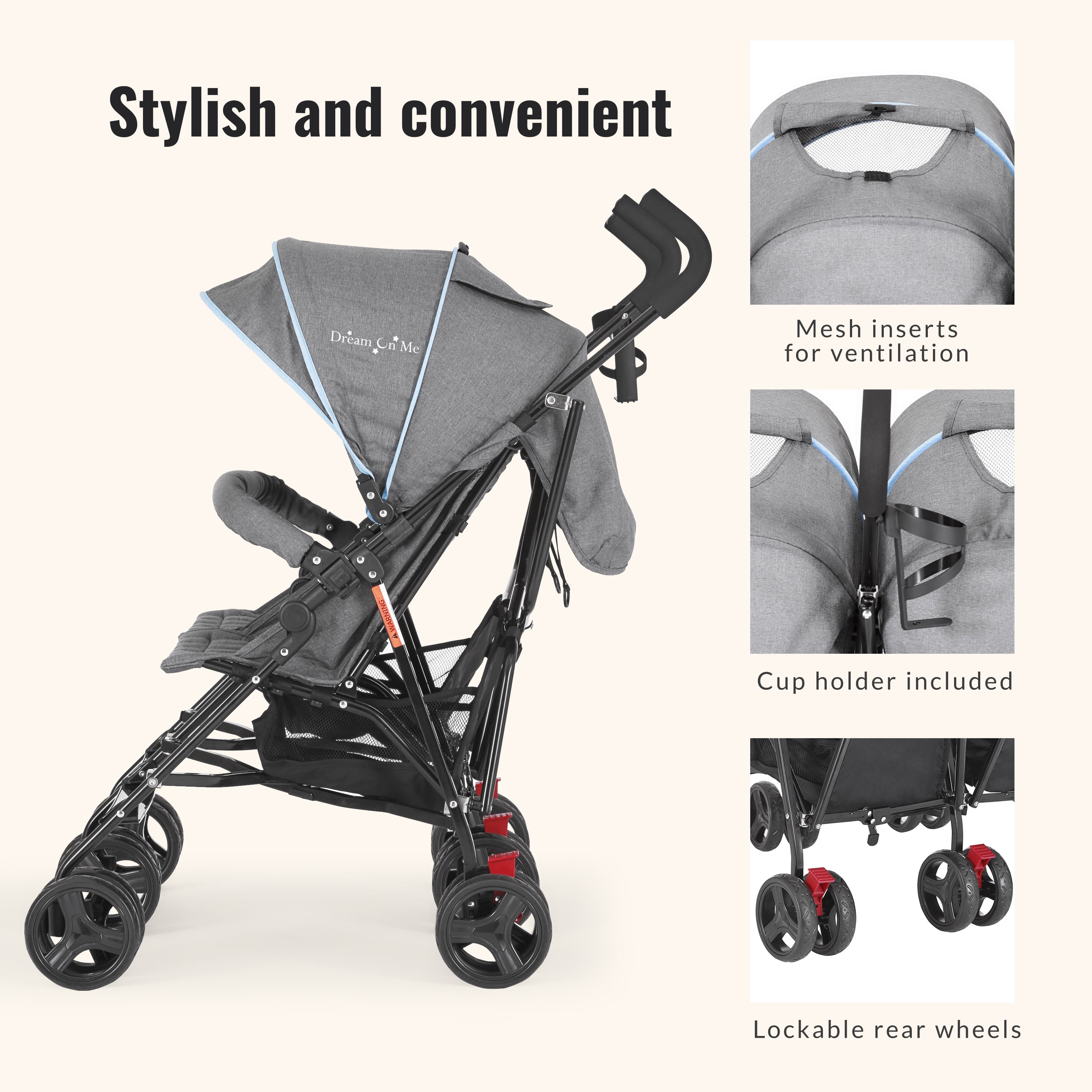Dream On Me Volgo Twin Umbrella Stroller, Blue and Dark Grey - Image 4