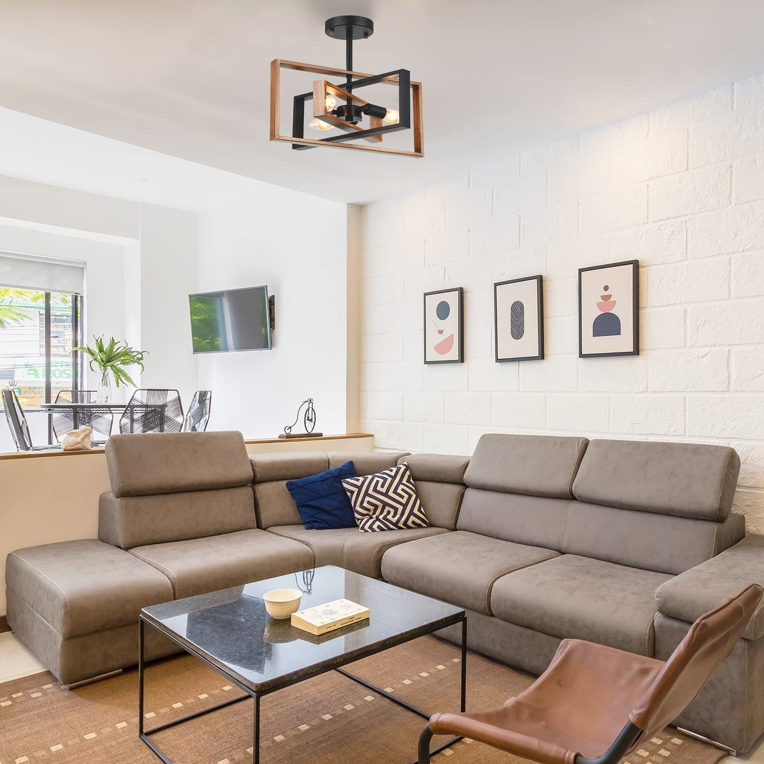 Capslpad Rustic Retro Rectangle Semi Flush Ceiling Light Industrial Farmhouse Rotatable Flush Mount Ceiling Light Fixture for Kitchen Hallway Dining Room Living Room Entryway (Faux-Wood) - Image 5