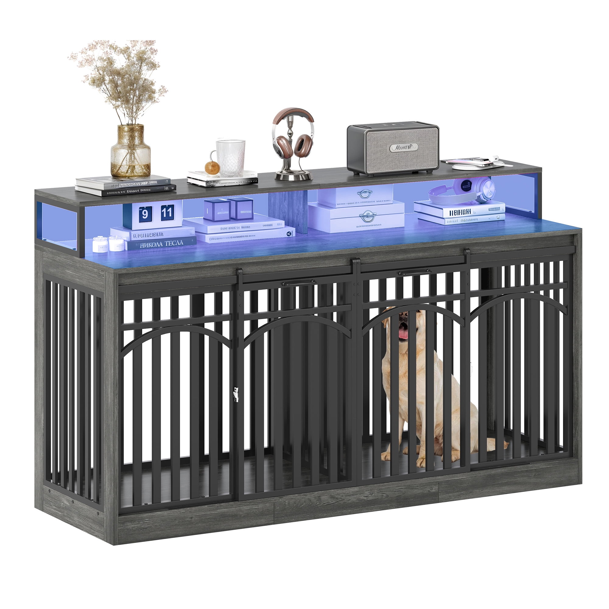 Uforic XL Heavy Duty Dog Crate Furniture with LED Lighting and Power Outlets, 70" TV Stand Large Metal Dog Kennel - Gray Oak - Image 5