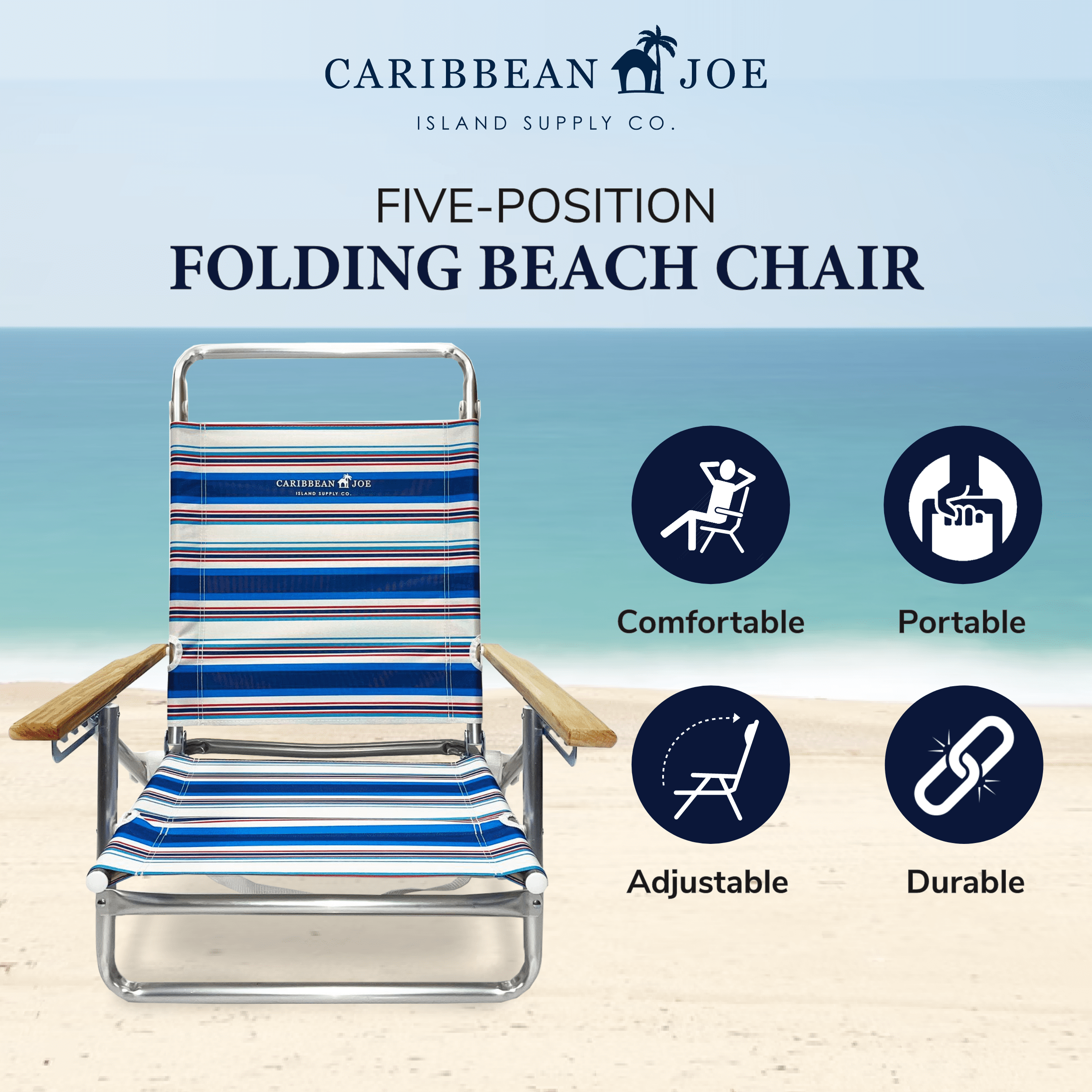 Caribbean Joe 5 Position Folding Beach Chair, Red White Blue Stripe - Image 5