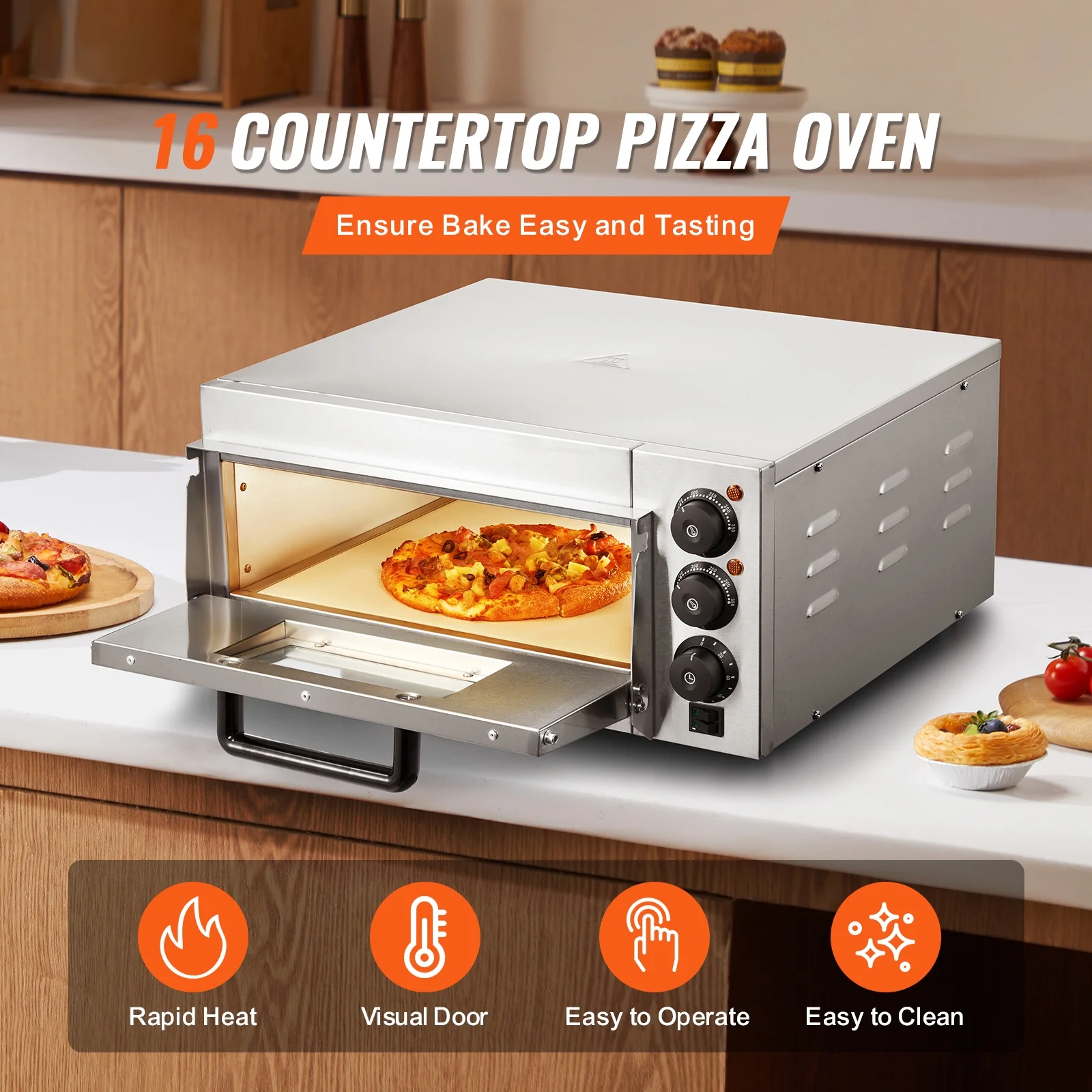 BENTISM 16" 1700W Electric Commercial Residential Counter Top Pizza Oven, Stainless Steel - Windowed - Image 3