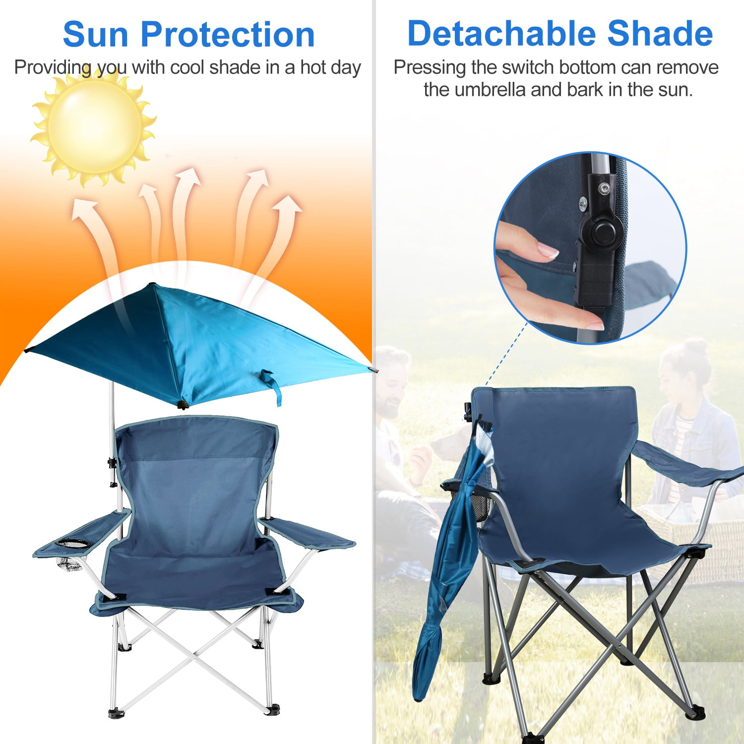 Moclever Canopy Beach Chair Folding Camping Chair with Cup Holder and Detachable Umbrella, Black - Image 2
