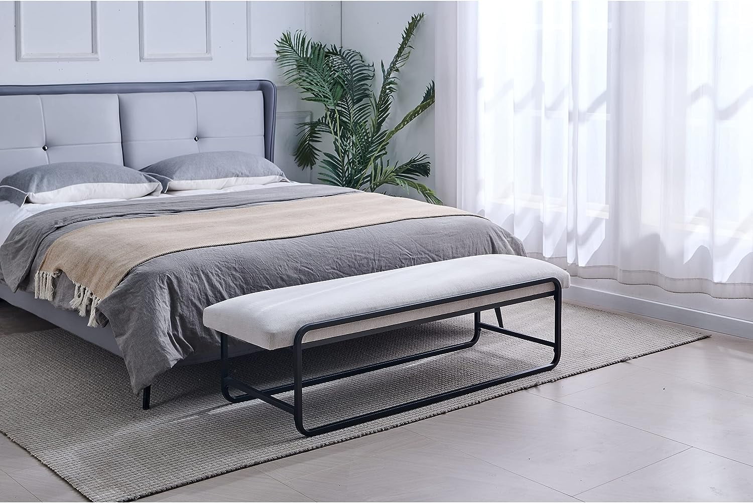 Nathaniel Home Upholstered Bedroom Benches, 60 inch Kids Ottoman Vegan Leather Footrest Stool, Accent Bench for Entryway Bedroom End of Bed, White - Image 4