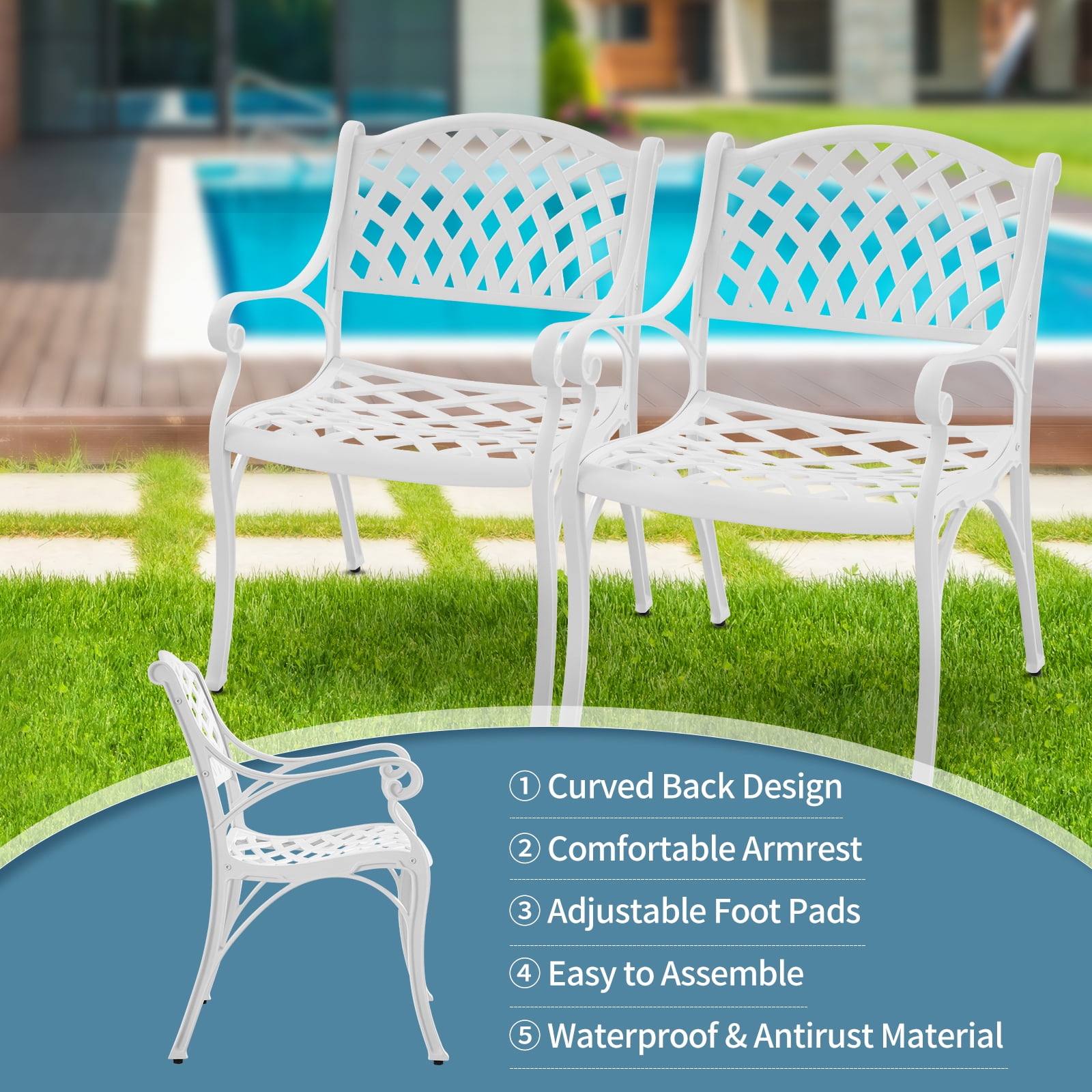 PATIO-IN Cast Aluminum Outdoor Patio Chairs - Set of 2, White - Image 2