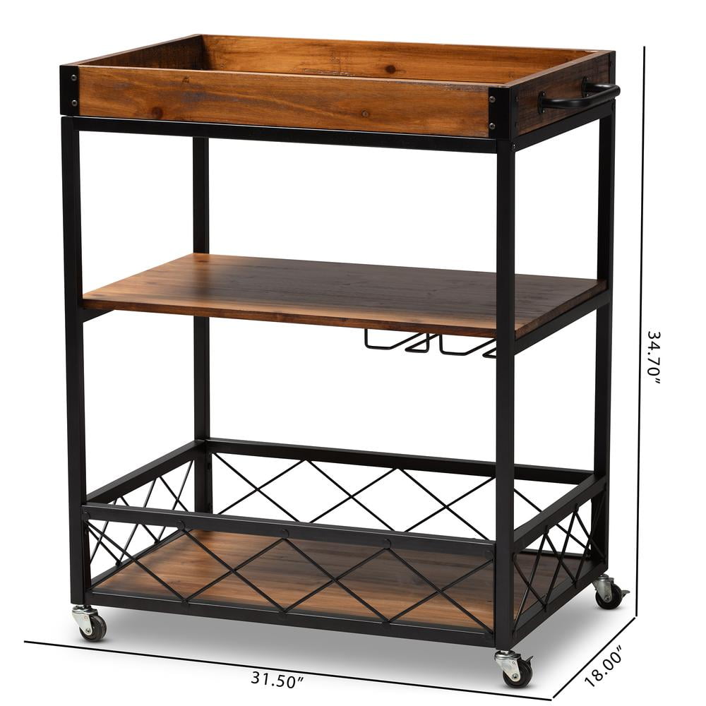 Baxton Studio Capri Vintage Rustic Industrial Oak Brown and Black Finished Mobile Metal Bar Cart with Stemware Rack - Image 9
