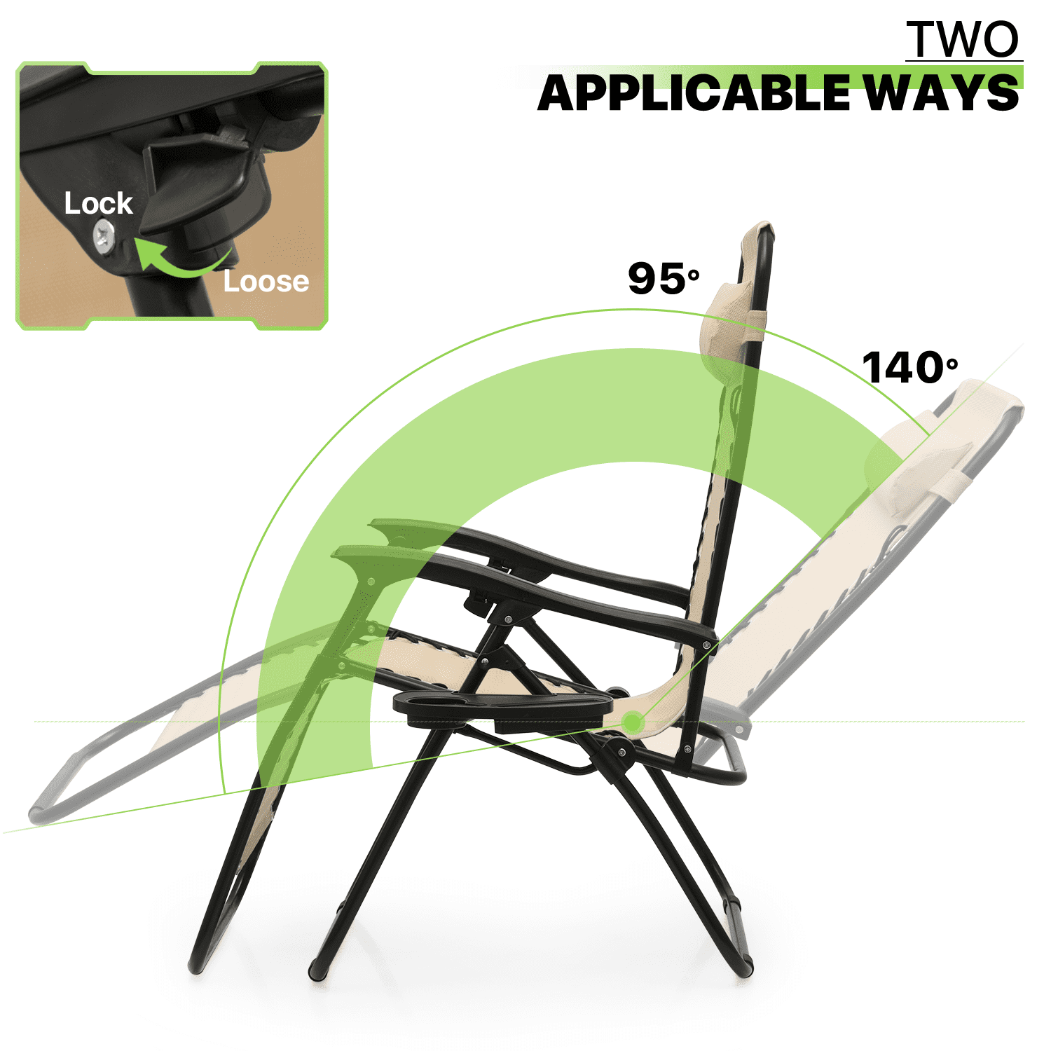 Magshion Outdoor Zero Gravity Chairs Set of 3, Adjustable & Folding Patio Reclining Lounge Chair, Zero-Gravity Camping Lounge Chair with Side Table, Cup Holder, Pillow, Cream - Image 8