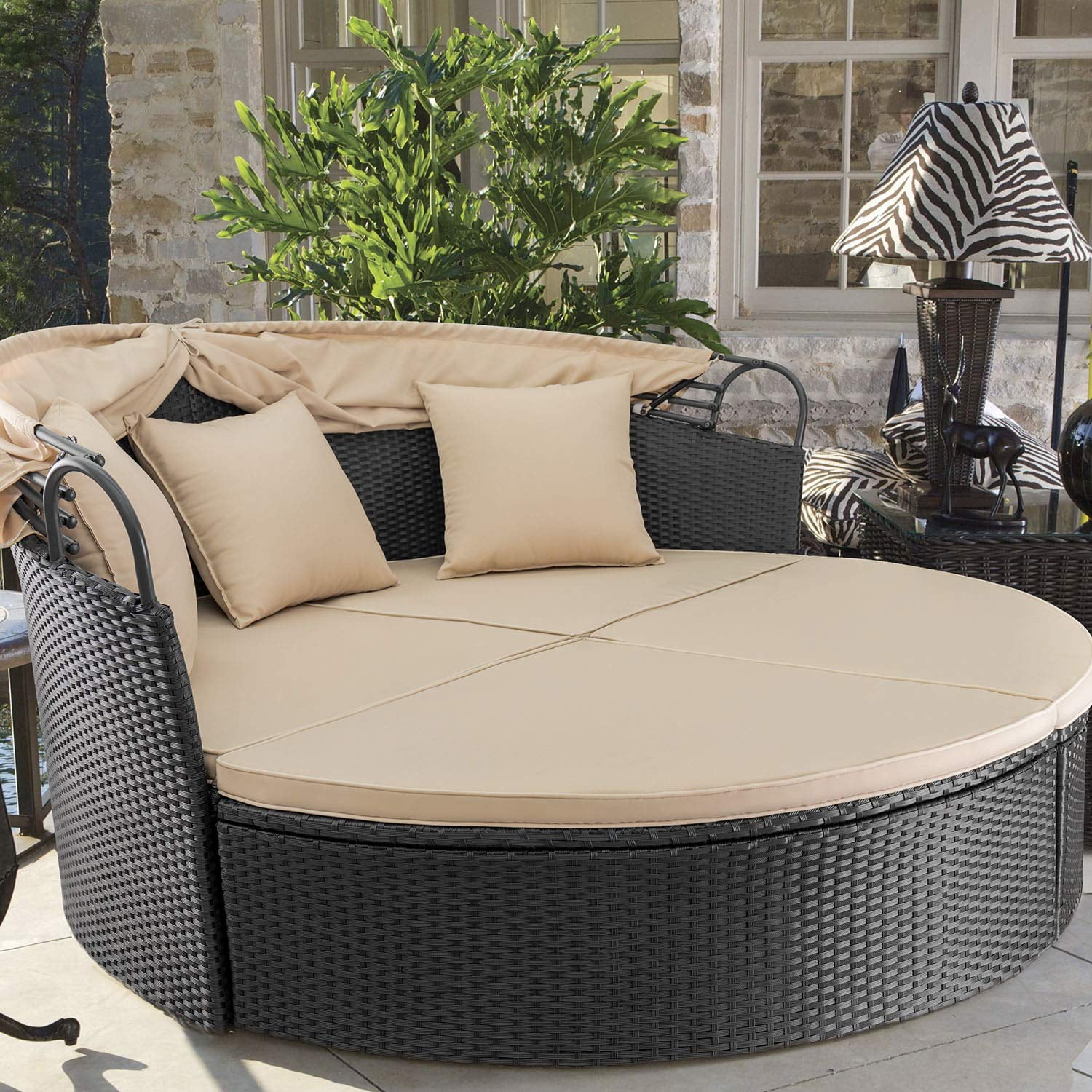 Lacoo Outdoor Patio Round Daybed with Retractable Canopy Wicker Furniture Sectional Seating with Washable Cushions for Patio Backyard Porch Pool Daybed Separated Seating (Beige) - Image 3