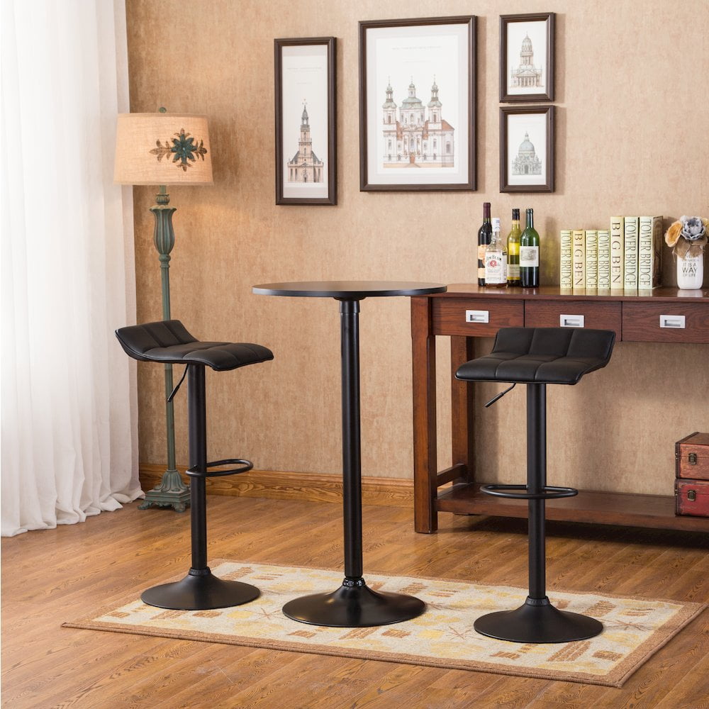 Roundhill Furniture Belham Black Round Top with Black Leg And Base Metal Bar Table and 2 Swivel Black Bonded Leather Adjustable Bar Stool Bar Sets - Image 4