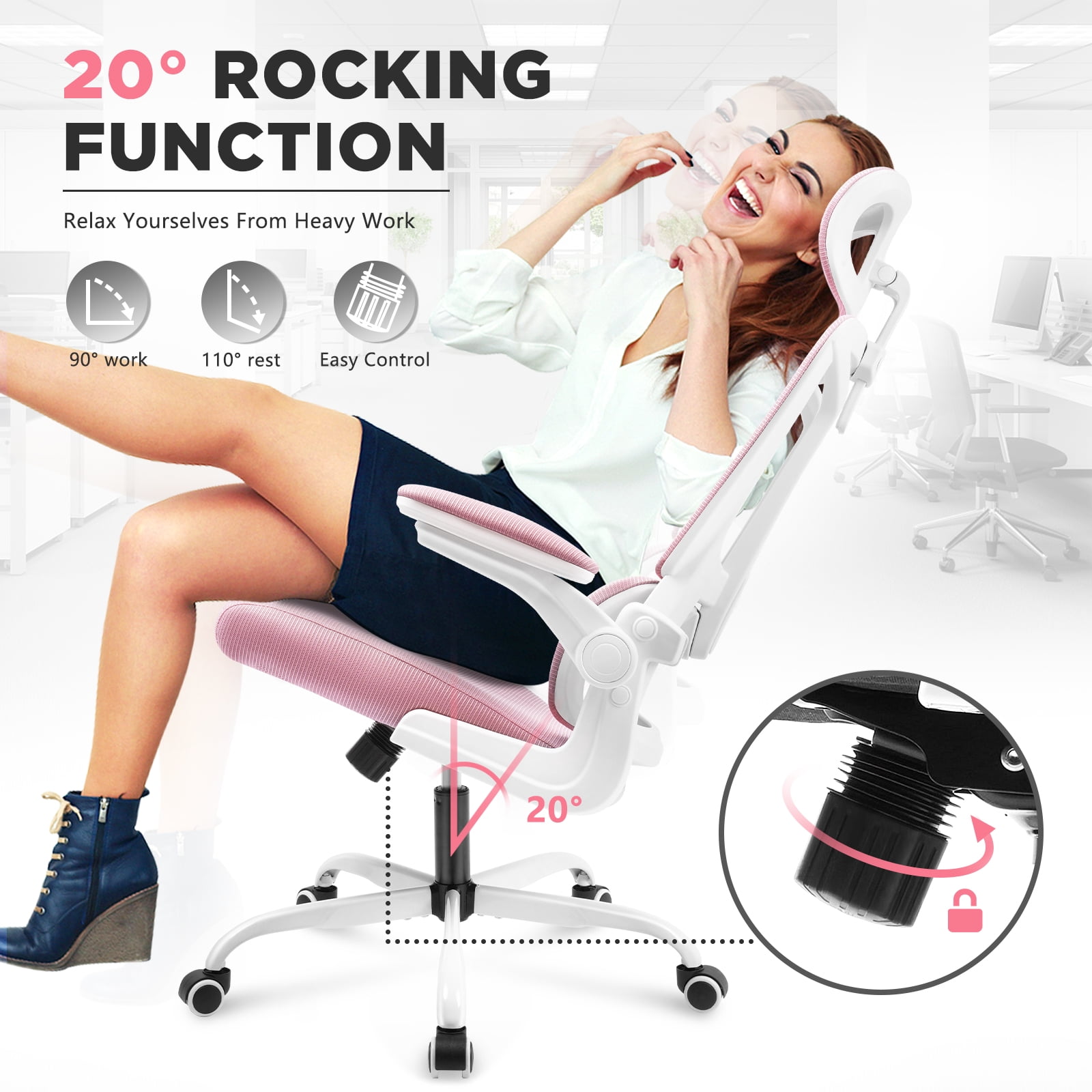 Soontrans Ergonomic High Back Office Chair, Mesh Computer Desk Chair with Lumbar Support Flip-up Armrests, Adjustable Arms & Headrest, Pink - Image 5