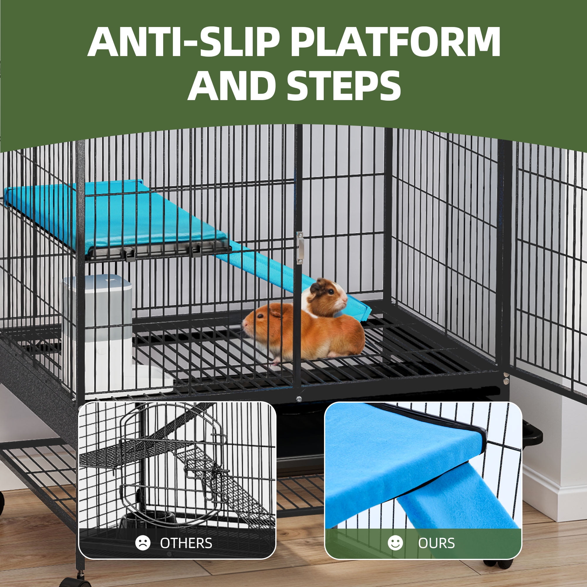 Uforic Small Animal Cage with Platforms & stair,Indoor Metal 2-Tiers Animal Cage for Rabbits, Chinchillas and Hamsters,4 universal 360 °wheels,Black - Image 6