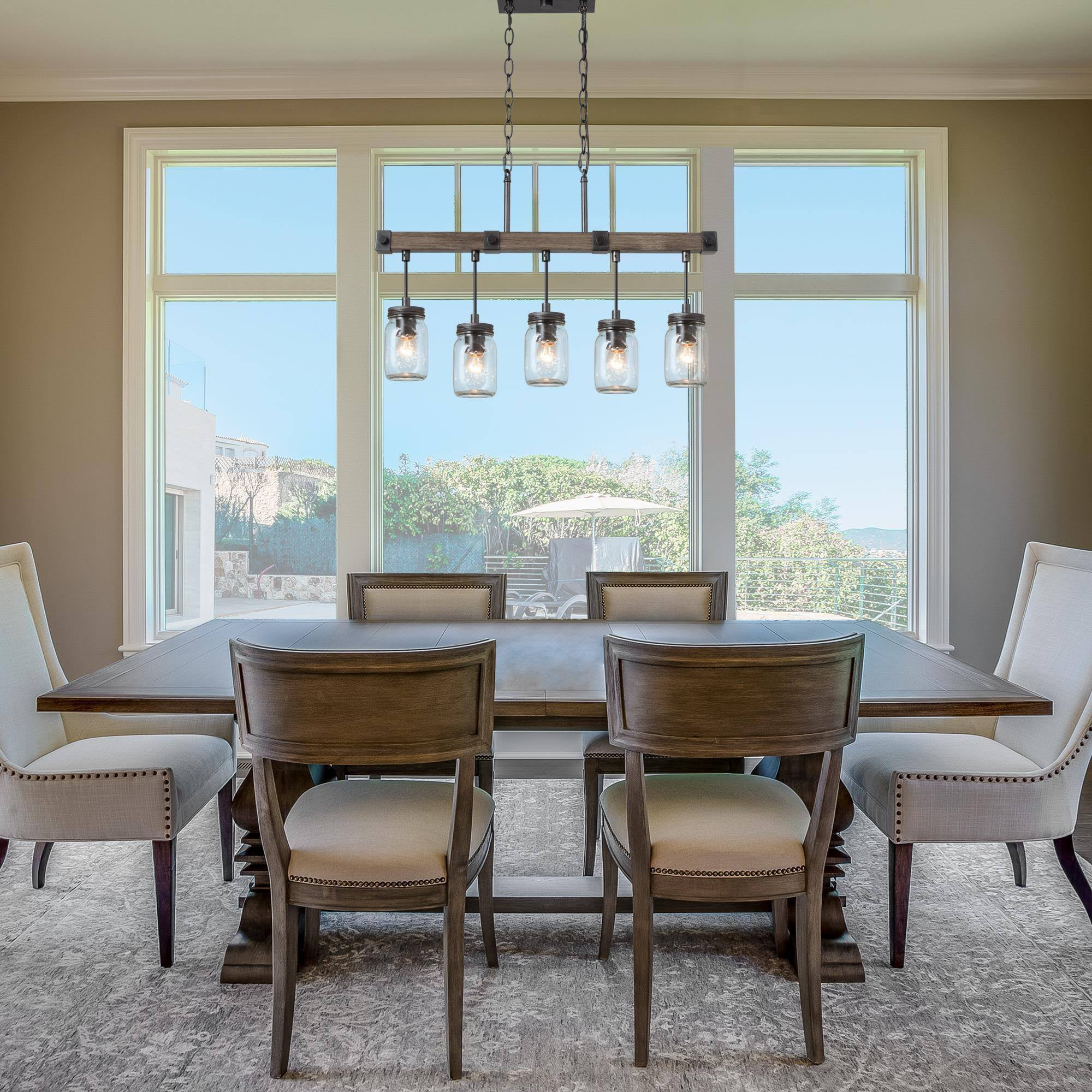 LNC Farmhouse 5-Light Linear Chandelier with Mason Jar Glasss, Rustic Wood and Iron Finish - Image 15