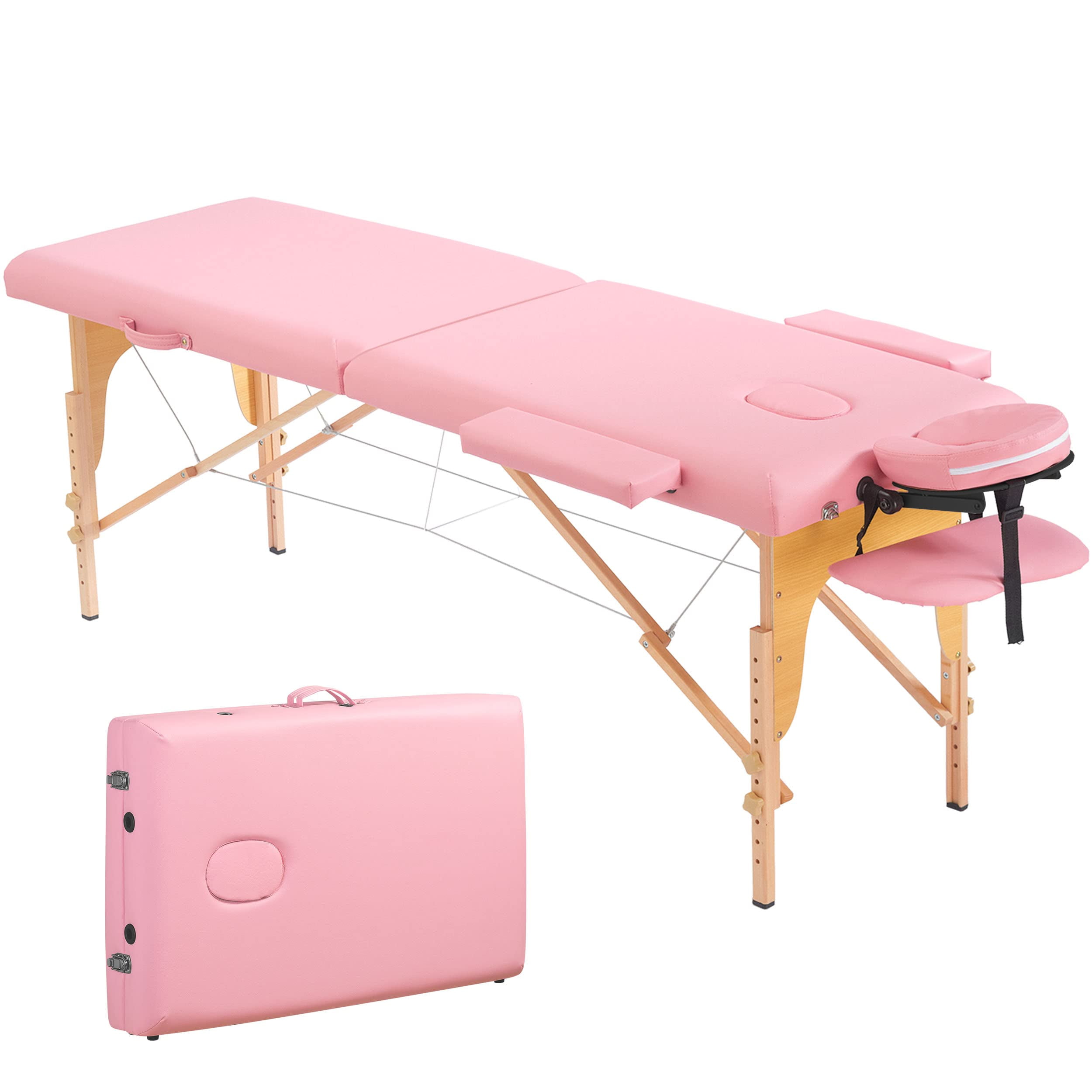 Naipo Portable Massage Table Pink Wide Massage Bed 84 Inches Spa Bed 2 Fold Adjustable 9 Heigh Salon Bed Face Cradle Bed Carry Case - Light Pink - Image 6
