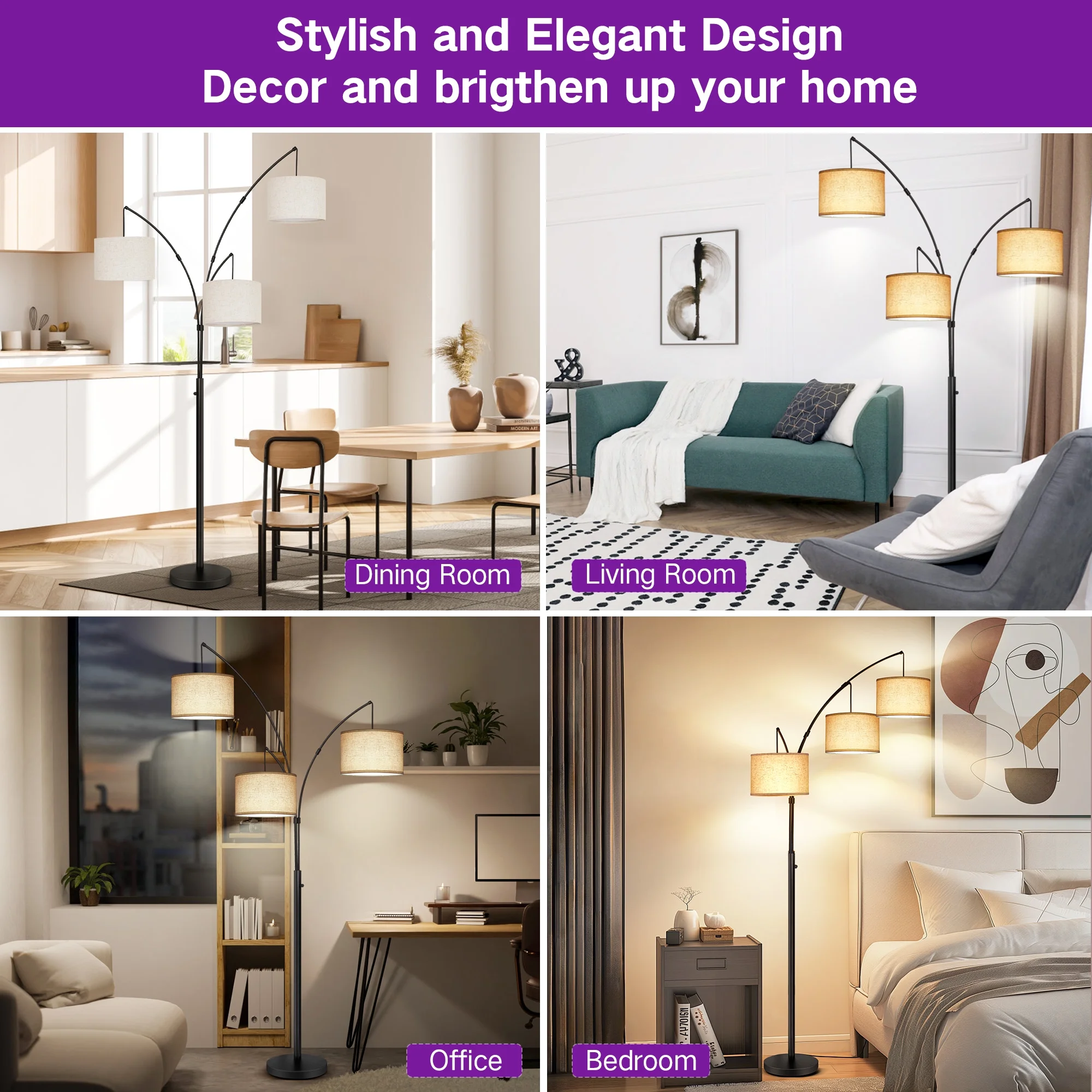 OUTON 3 Light Floor Lamp, 80" Mordern Standing Lamp with Linen Lamp Shade, Arc Floor Lamp for Living Room, Bedroom, Office, 3 Bulbs Includes(Black) - Image 5