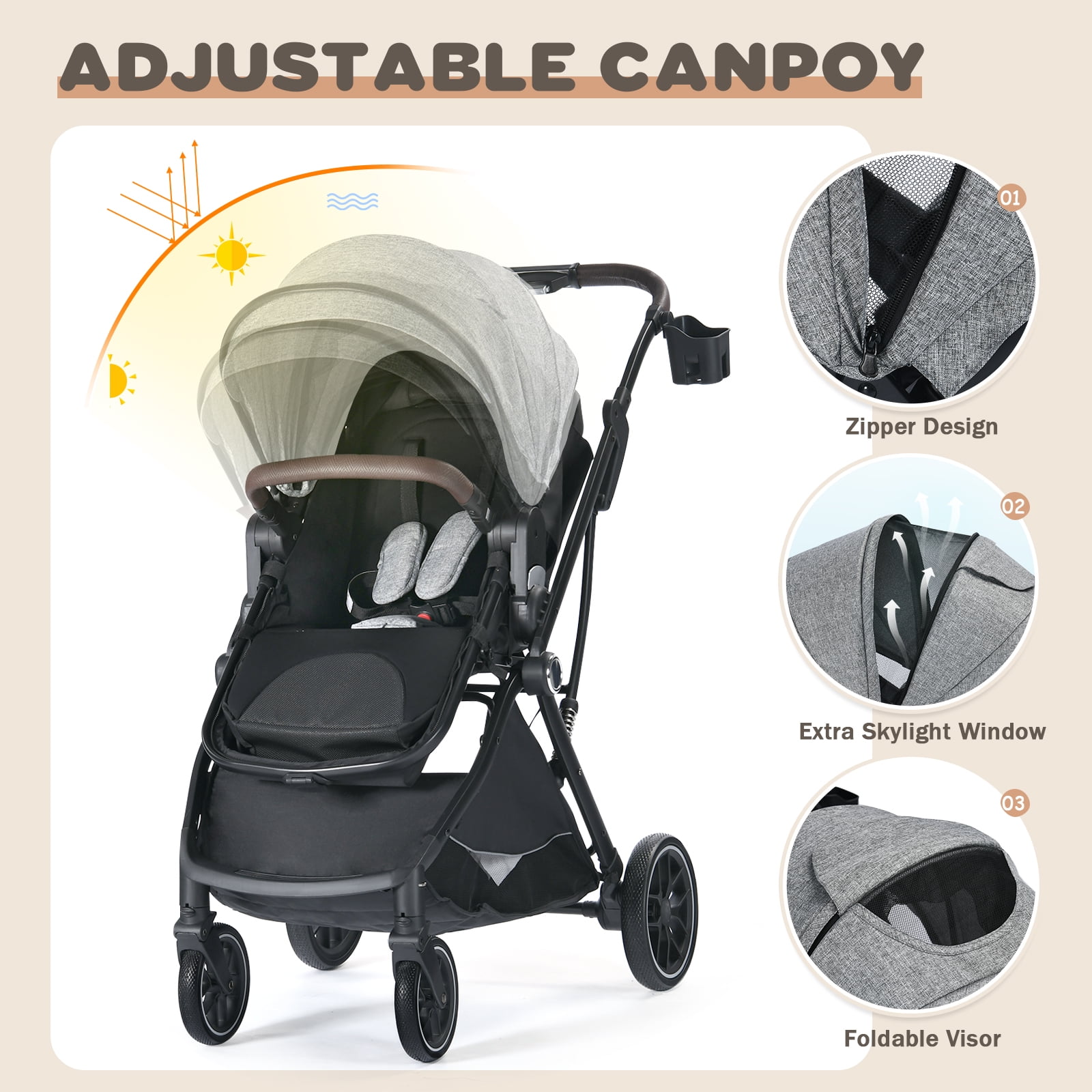 AILEEKISS Baby Stroller, 3 in 1 Stroller for Newborn, Folding Infant Pushchair, 22LB, Grey - Image 7