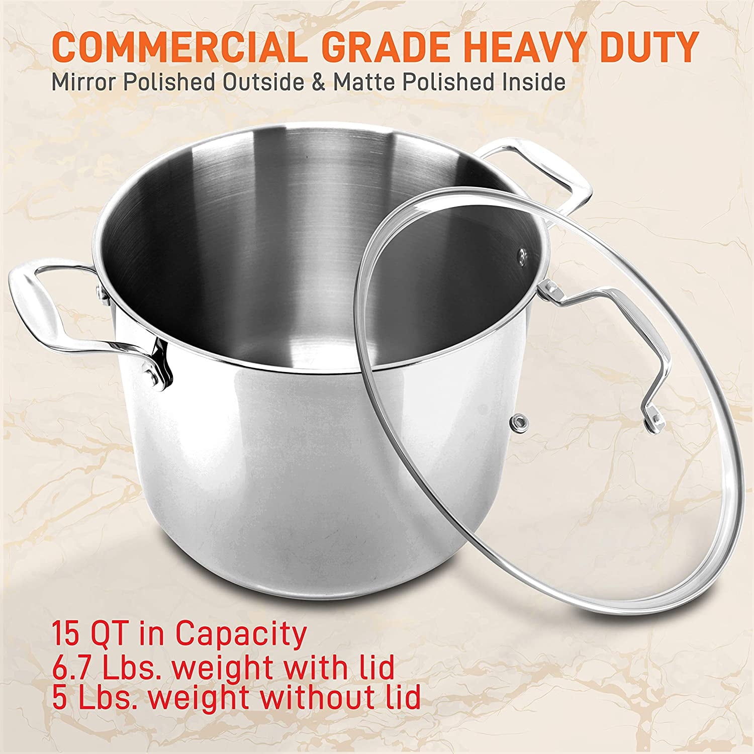 NutriChef Heavy Duty 15 Quart Stainless Steel Stock Pot with Handles and Lid - Image 3