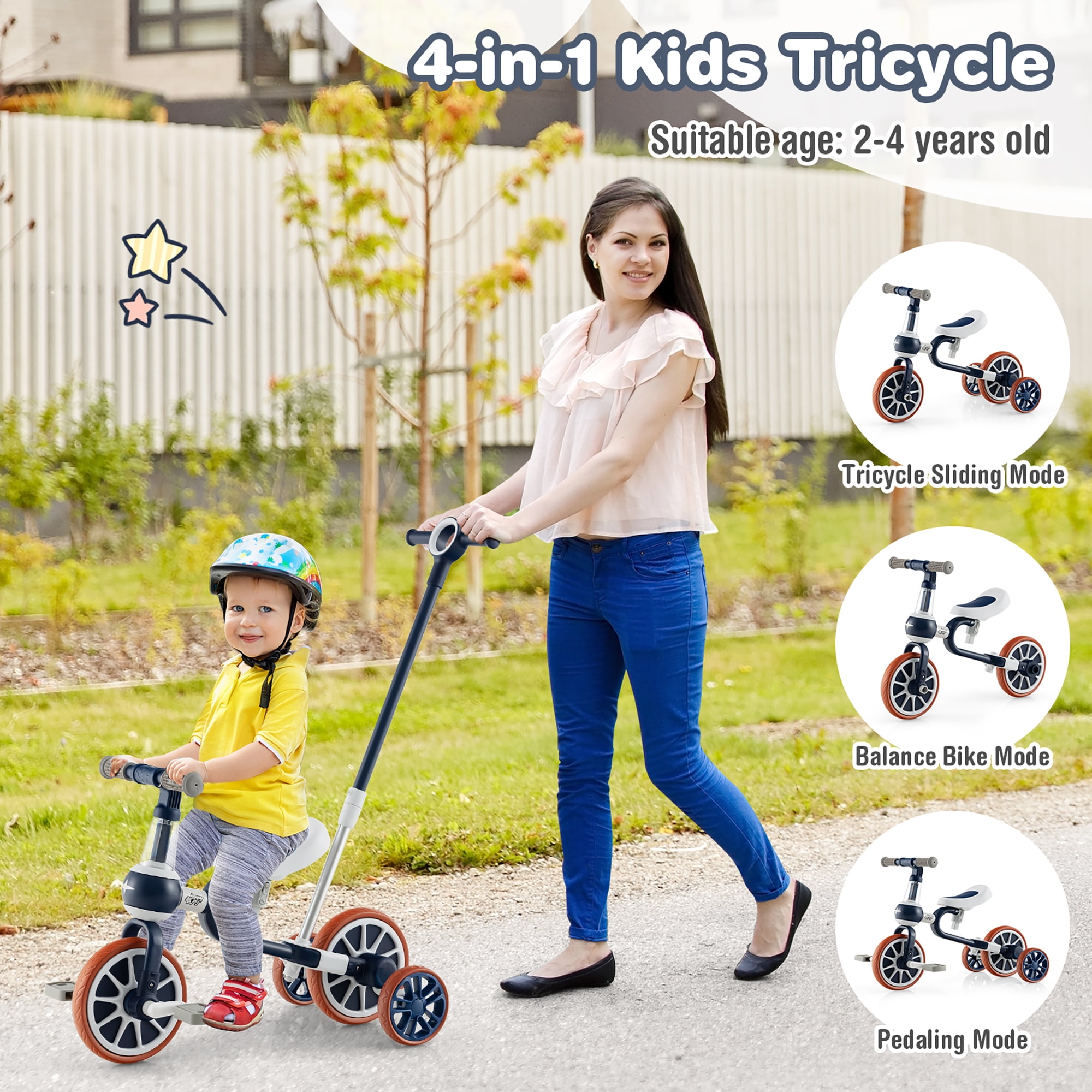 Honeyjoy 4 in 1 Kids Tricycles with Push Handle & Training Wheels Baby Balance Bike Navy - Image 4