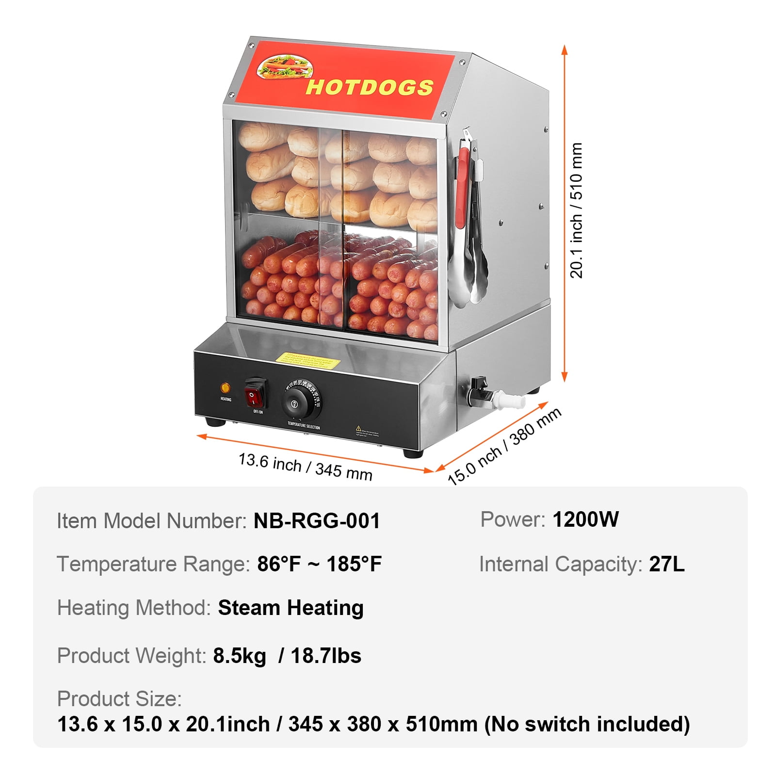 KFFKFF Hot Dog Warmer, 28.5QT, Dual-Level Hot Dog House Steamer, Temperature Adjustment 86℉~185℉, Electric Bread Heater with Durable Glass Slide Doors - Image 9