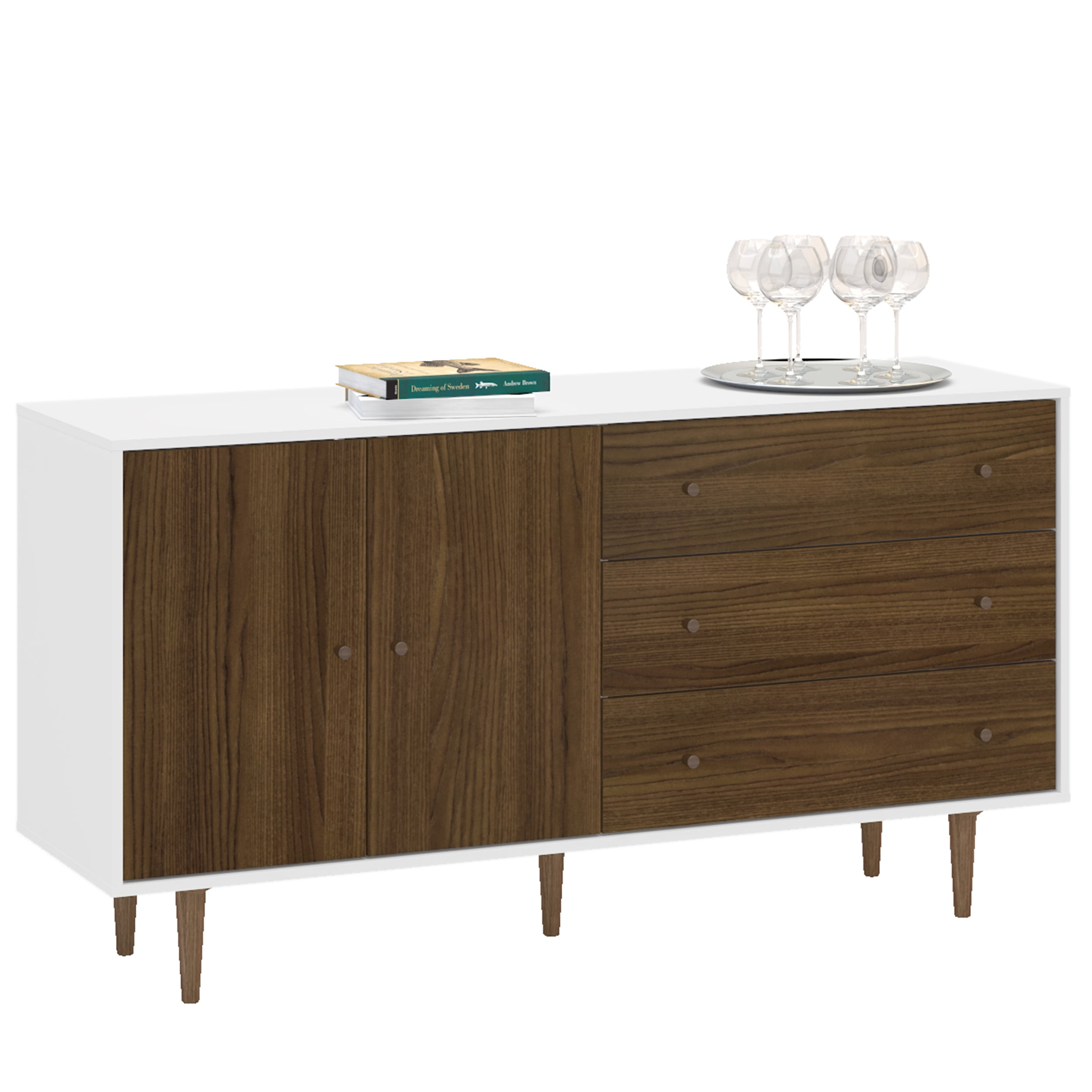 Polifurniture Pasadena Modern Sideboard with 2 Doors and 3 Drawers, White & Walnut - Image 3