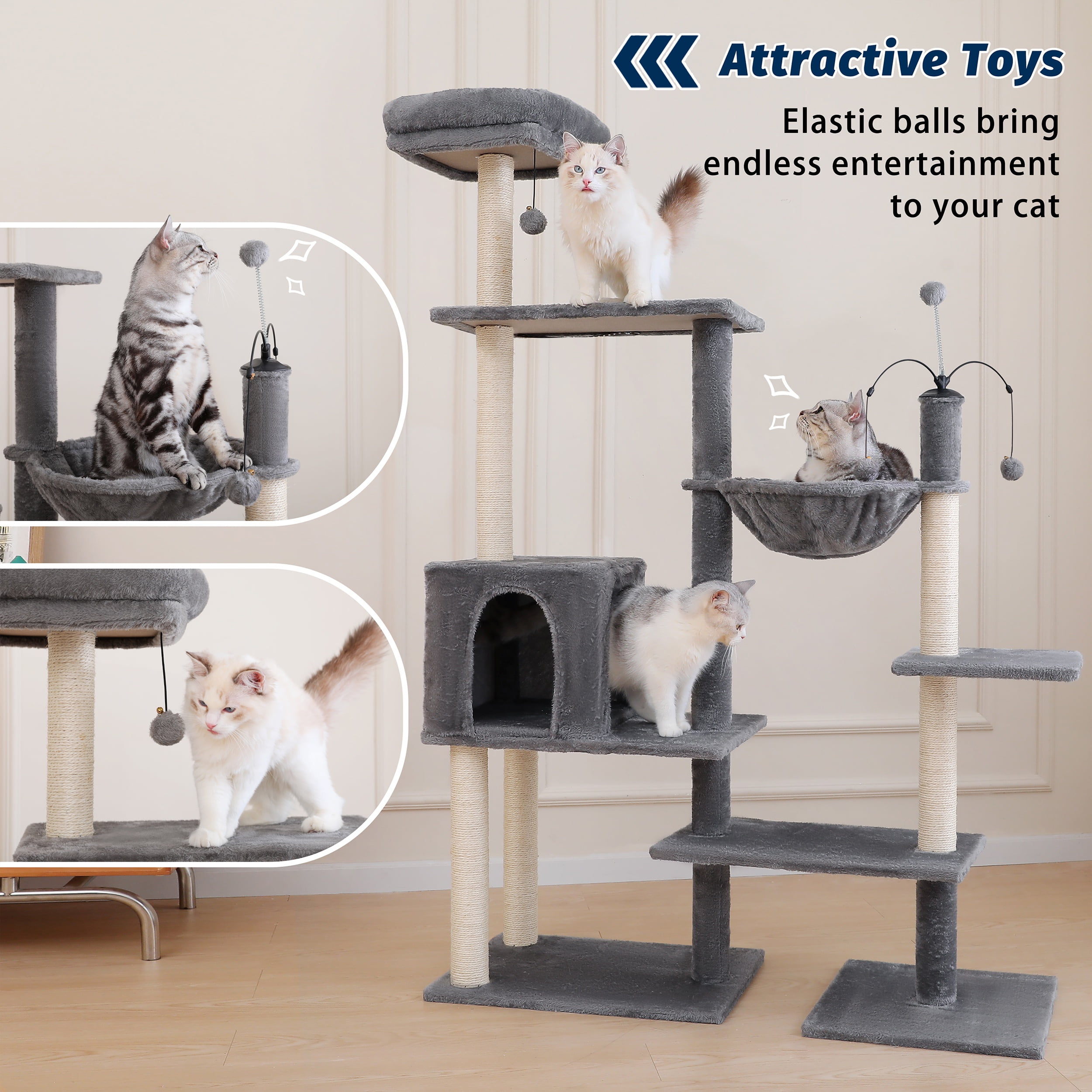 Vibrant Life 64” Multiple Level Cat Tree Tower with Condo and Hammock, Gray - Image 10