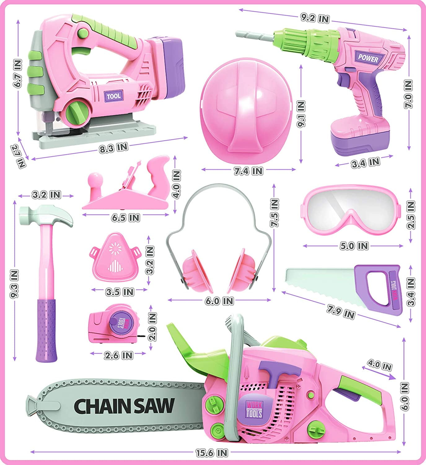 Exercise N Play Kids Tool Set with Electric Toy Drill Chainsaw Jigsaw Toy Tools for Kids Girl (Pink) - Image 5