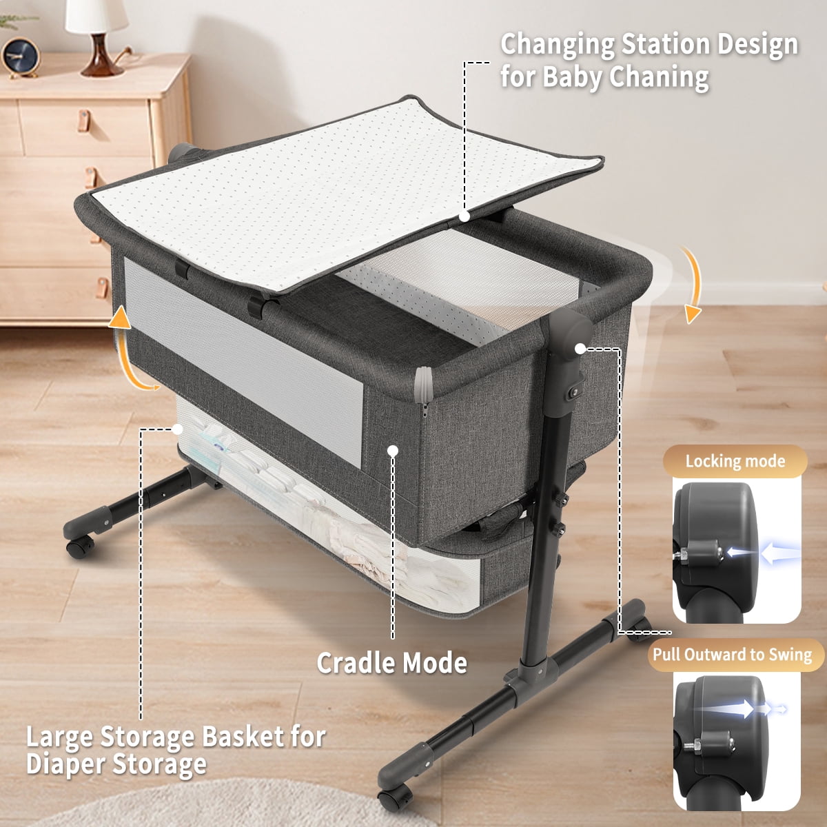 HDJ 4 in 1 Baby Bassinet, Portable Infant Bedside Crib with Lockable Wheel for 0-6 Months Baby, Dark Gray - Image 8