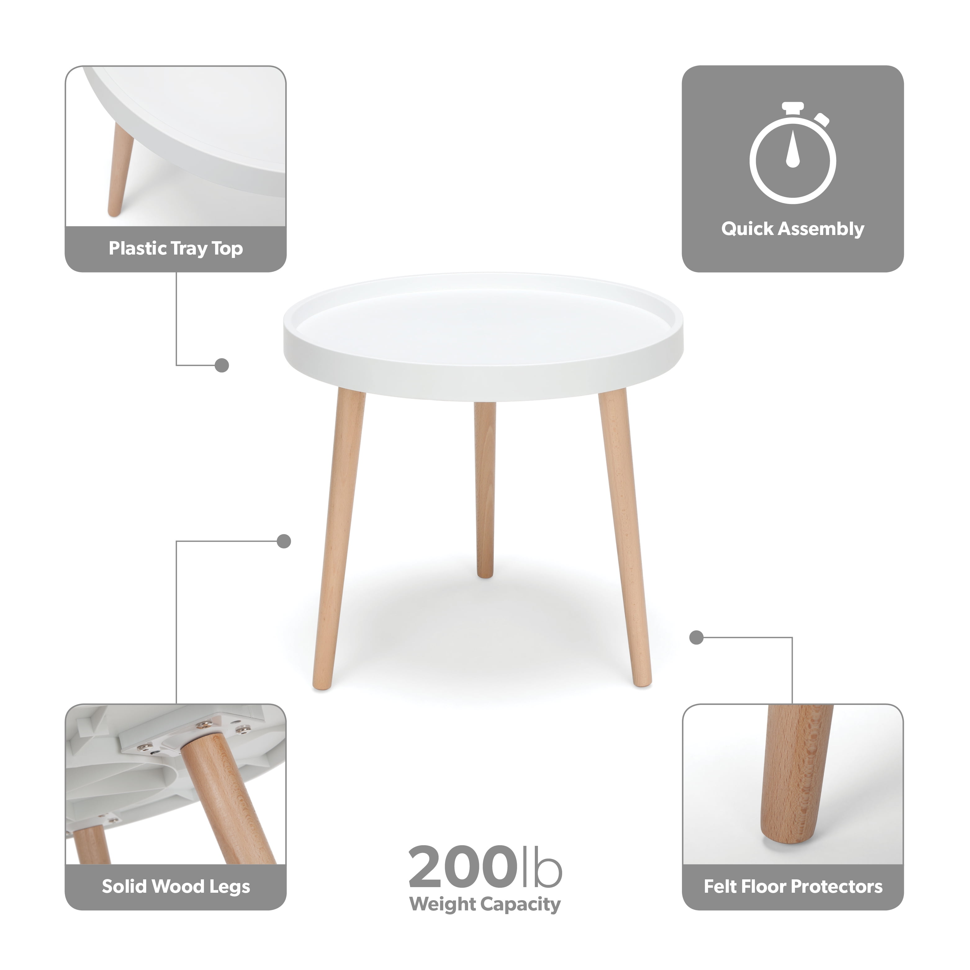 OFM Mid Century Modern Plastic End Table, Solid Wood Legs in White - Image 11