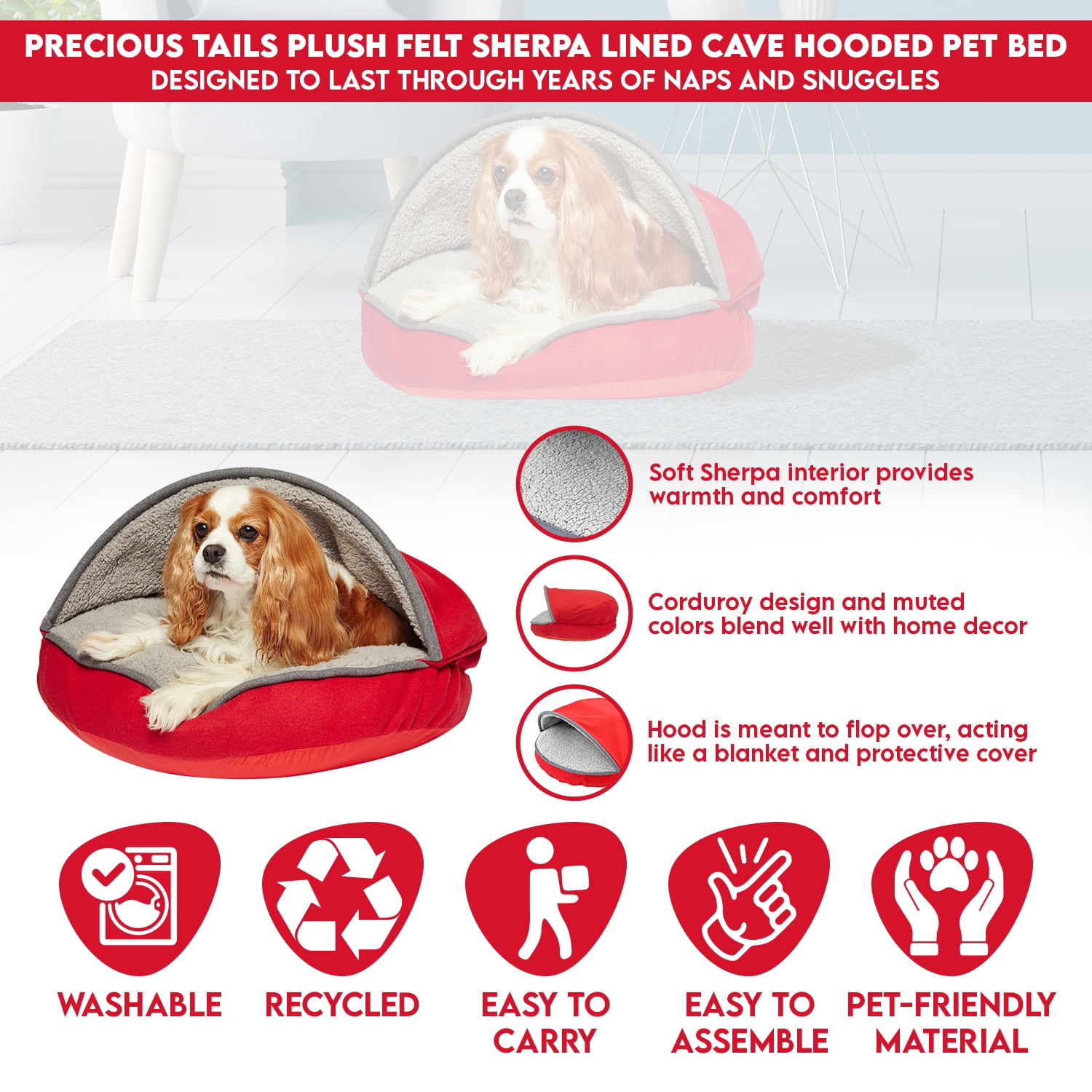 Precious Tails Plush Felt Sherpa Pet Cave Bed - Image 4
