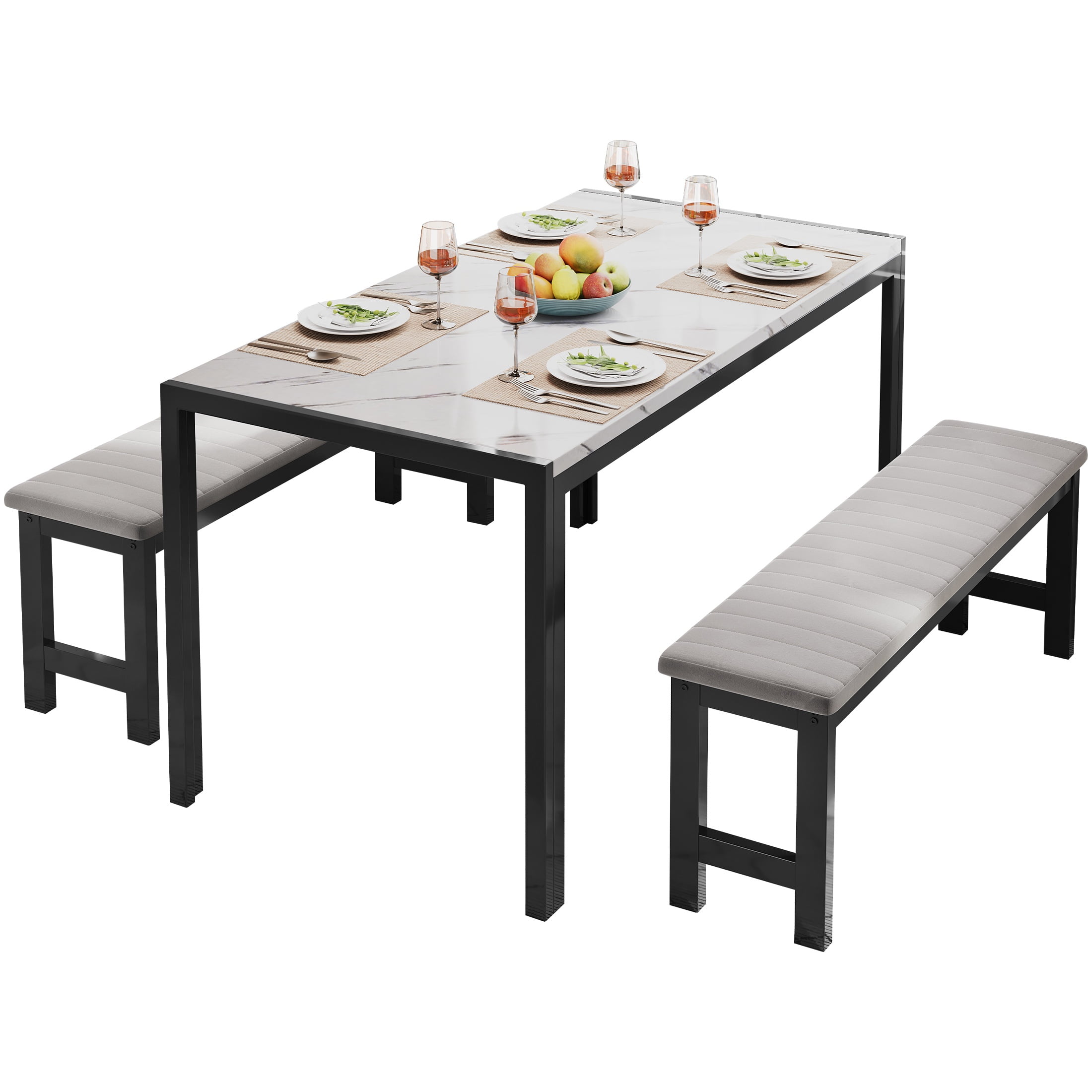 PORKISS Dining Table Set for 4, Faux Marble Kitchen Table Set with 2 Velvet Benches, Breakfast Nook Set for Small Spaces, 3 Piece Dining Room Table Set, White+Gray+Black #1 - Image 11