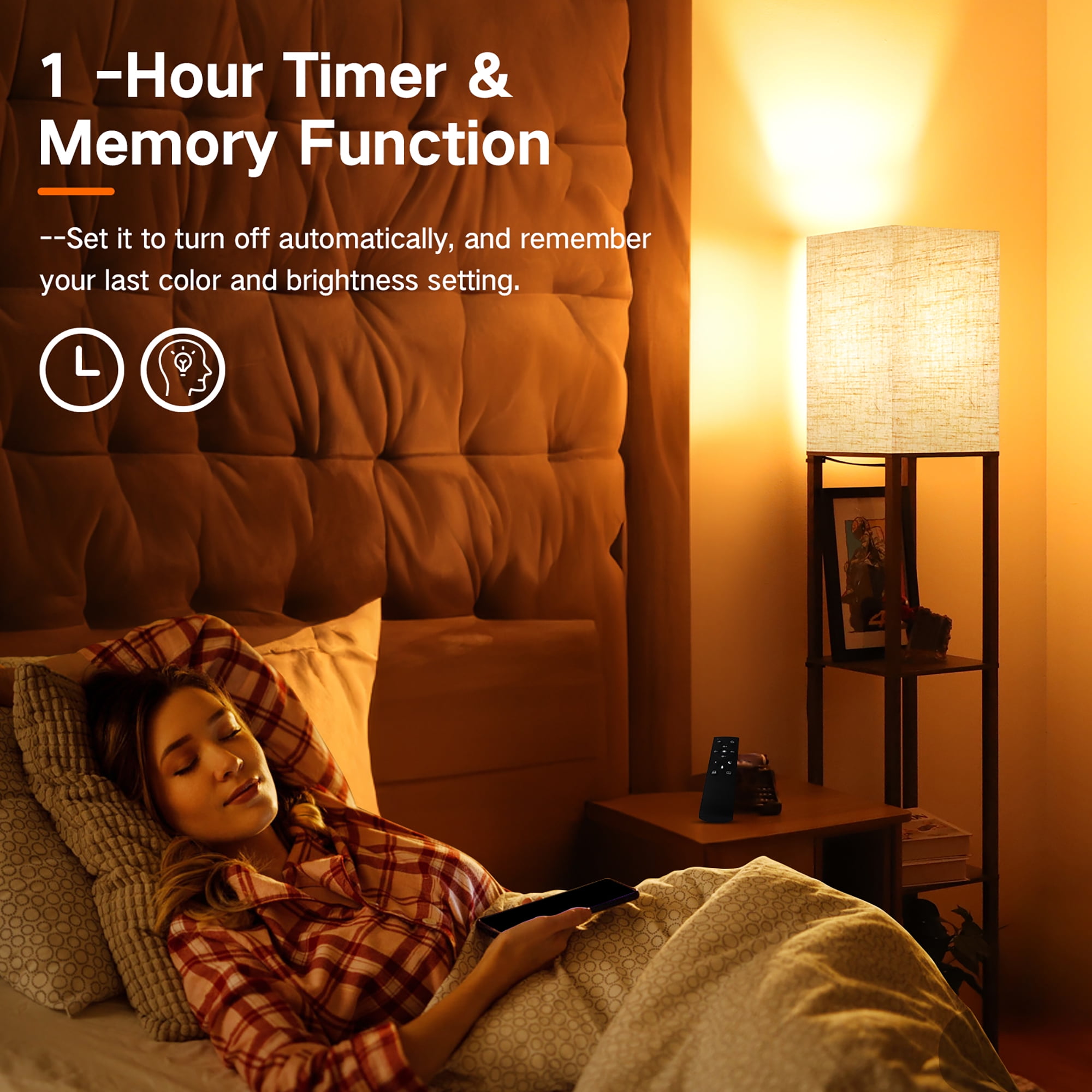 OUTON 63" Floor Lamp with Shelves, Modern Dimmable Standing Lamps with Remote Control for Living Room, Bedroom, Black - Image 10