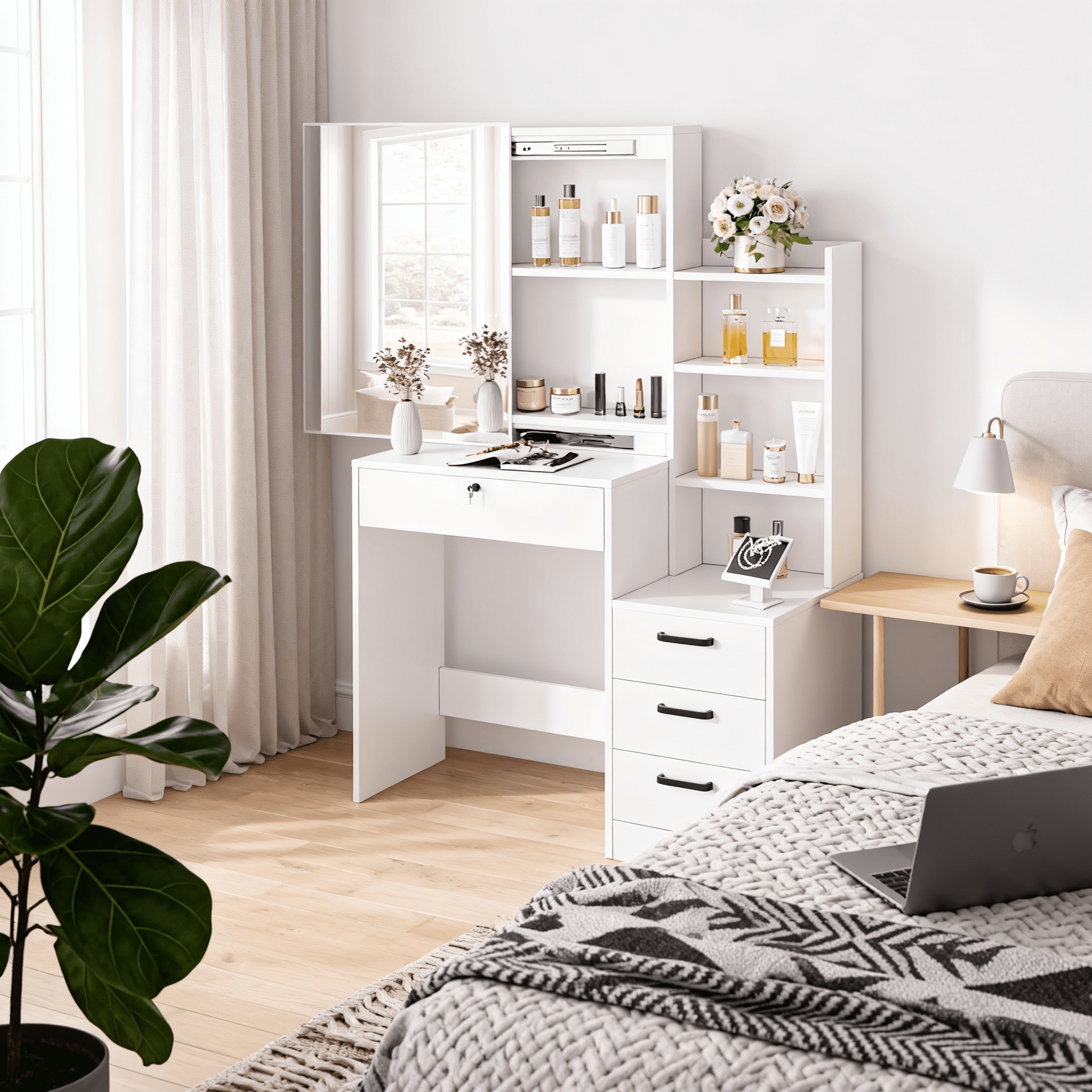 SUGIFT White Lighted Makeup Vanity Table with Sliding Sliding Mirror, Modern Dressing Table Desk with Storage for Bedroom - Image 5