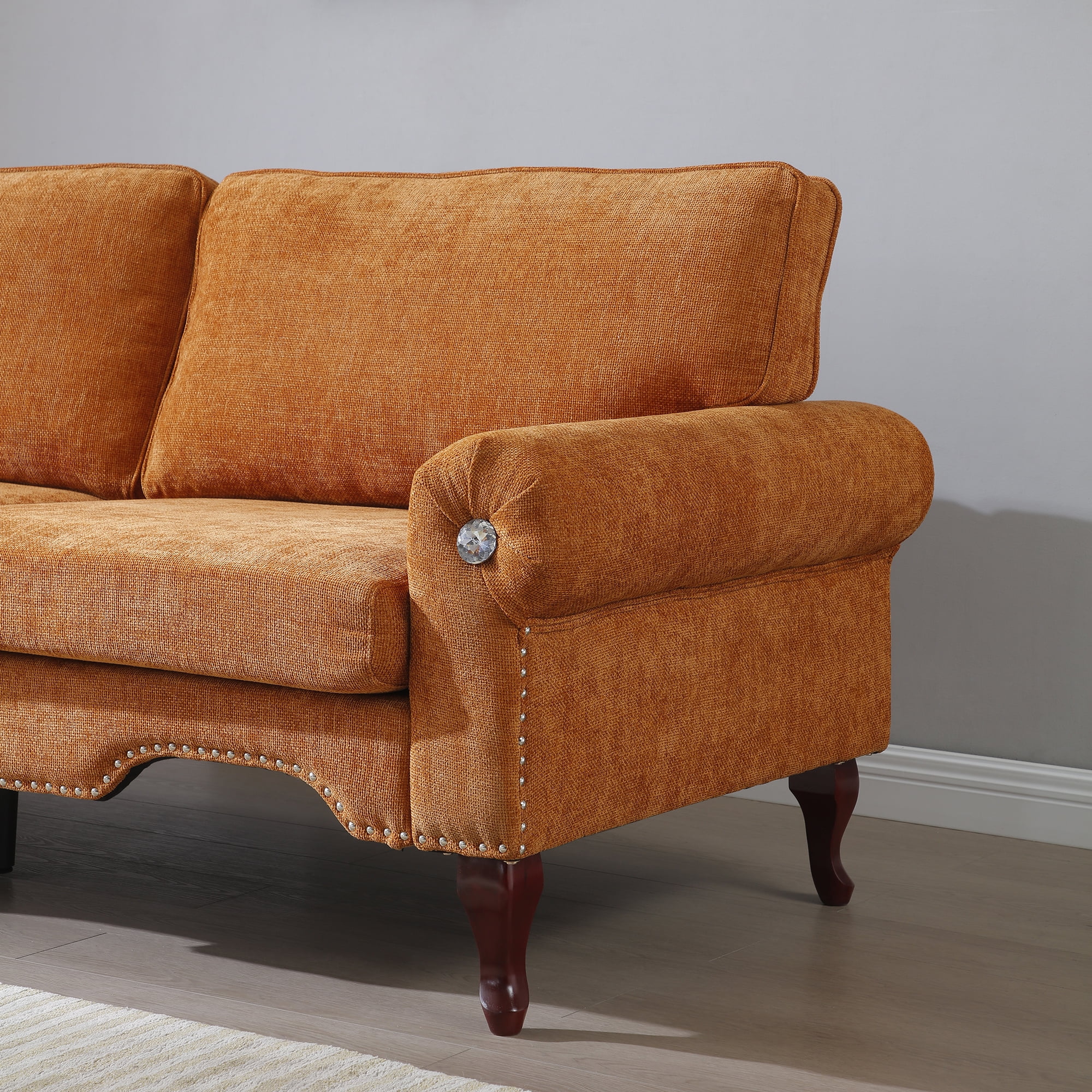 Aukfa 66" Small Sofa Deep Seat Couch with Crystal Button&Copper Nail, Roll Arm, Linen, Orange - Image 8