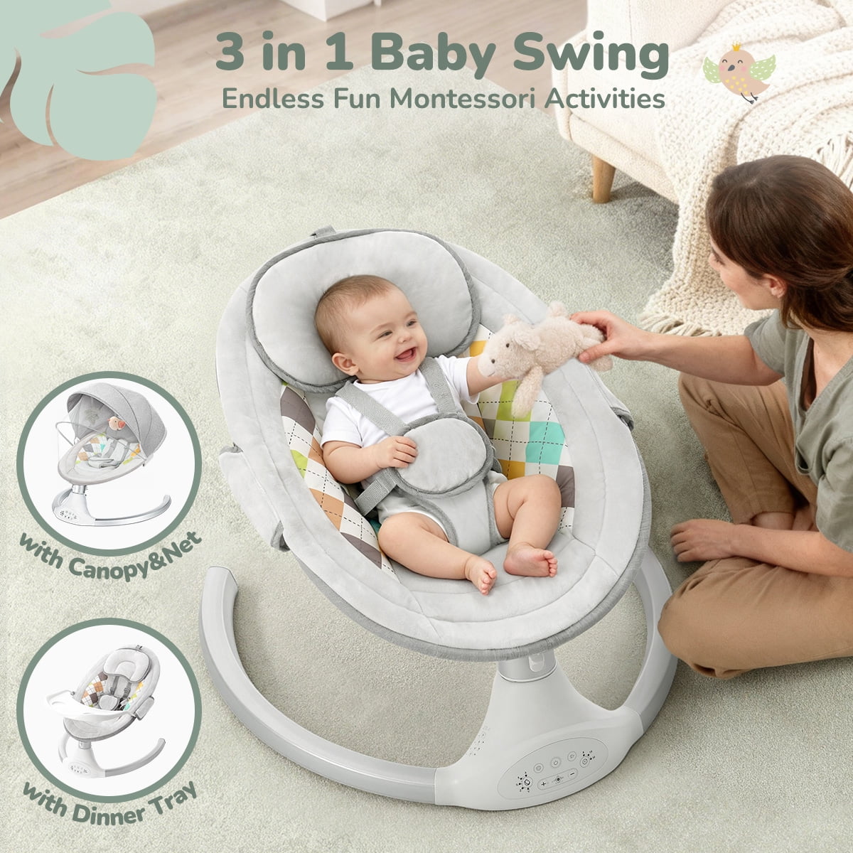 Baby Swing for Infants, Caveen Baby Rocker with Dinner Plate, 5 Swing Speeds, Adapter Battery Operated, Indoor,Outdoor, Grey - Image 7