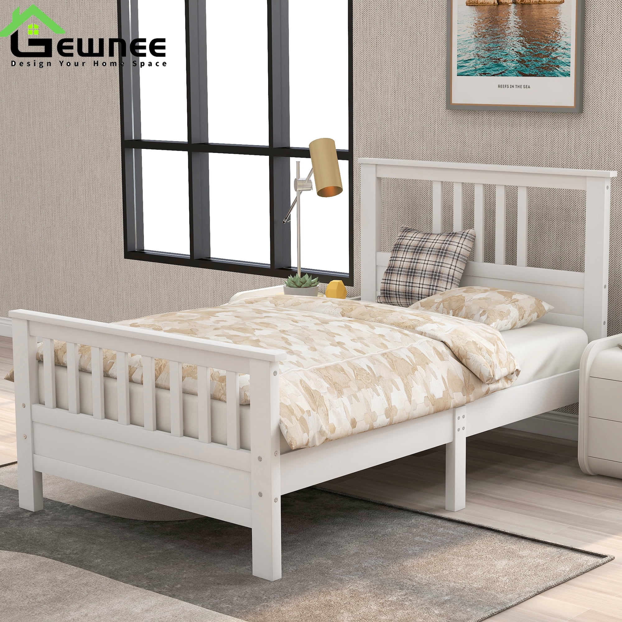 Gewnee Wood Twin Size Platform Bed Frame with Headboard and Footboard for Kids,Teens,Adults,White - Image 2