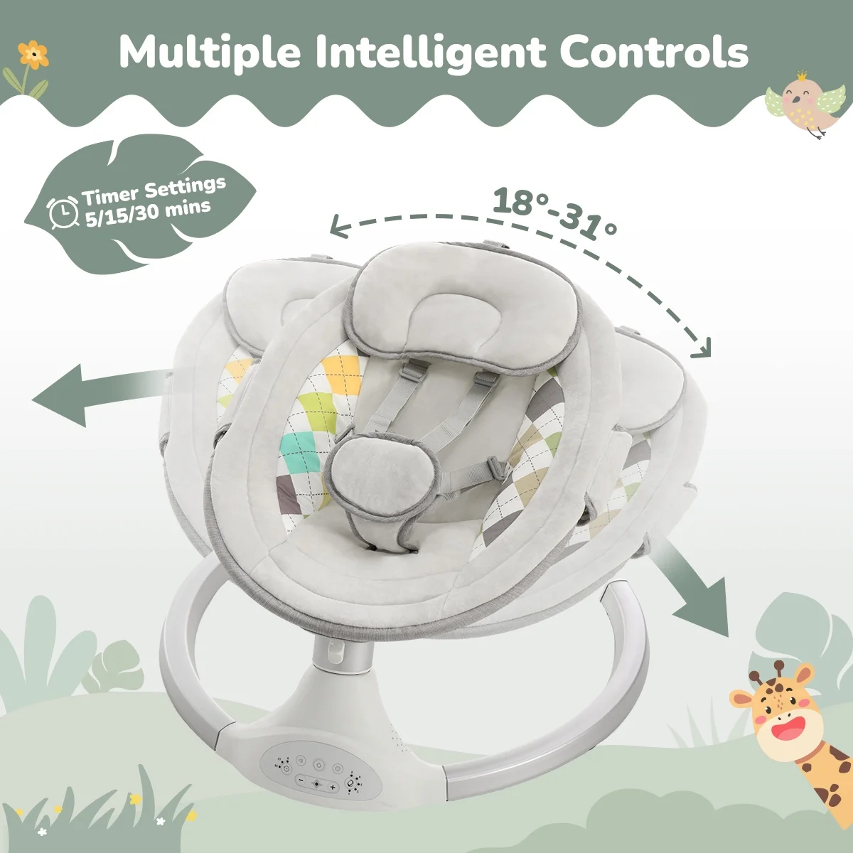 Baby Swing for Infants, Caveen Baby Rocker with Dinner Plate, 5 Swing Speeds, Adapter Battery Operated, Indoor,Outdoor, Grey - Image 3