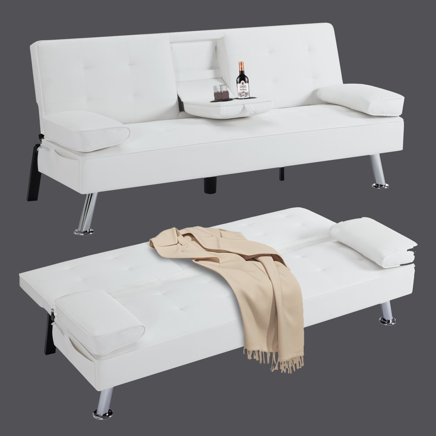 Gewnee Modern Futon Sleeper Sofa Bed Convertible Folding Recliner Couch Furniture with 2 Cup Holders for Livin g Room - Image 2