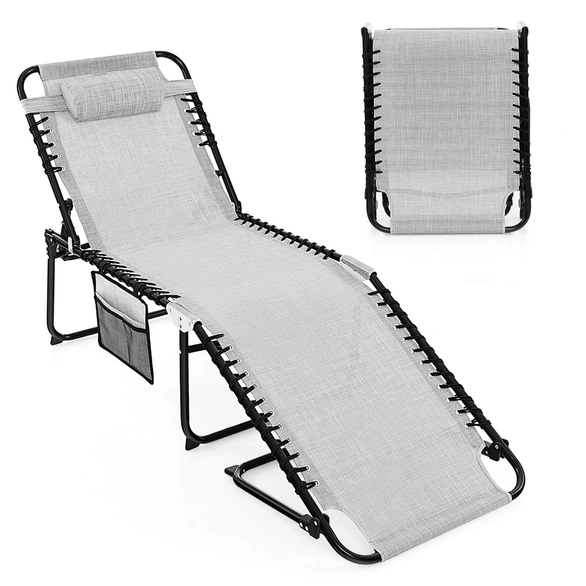 Costway Folding Beach Lounge Chair Heightening Design Patio Lounger w/ Pillow-Gray - Image 5