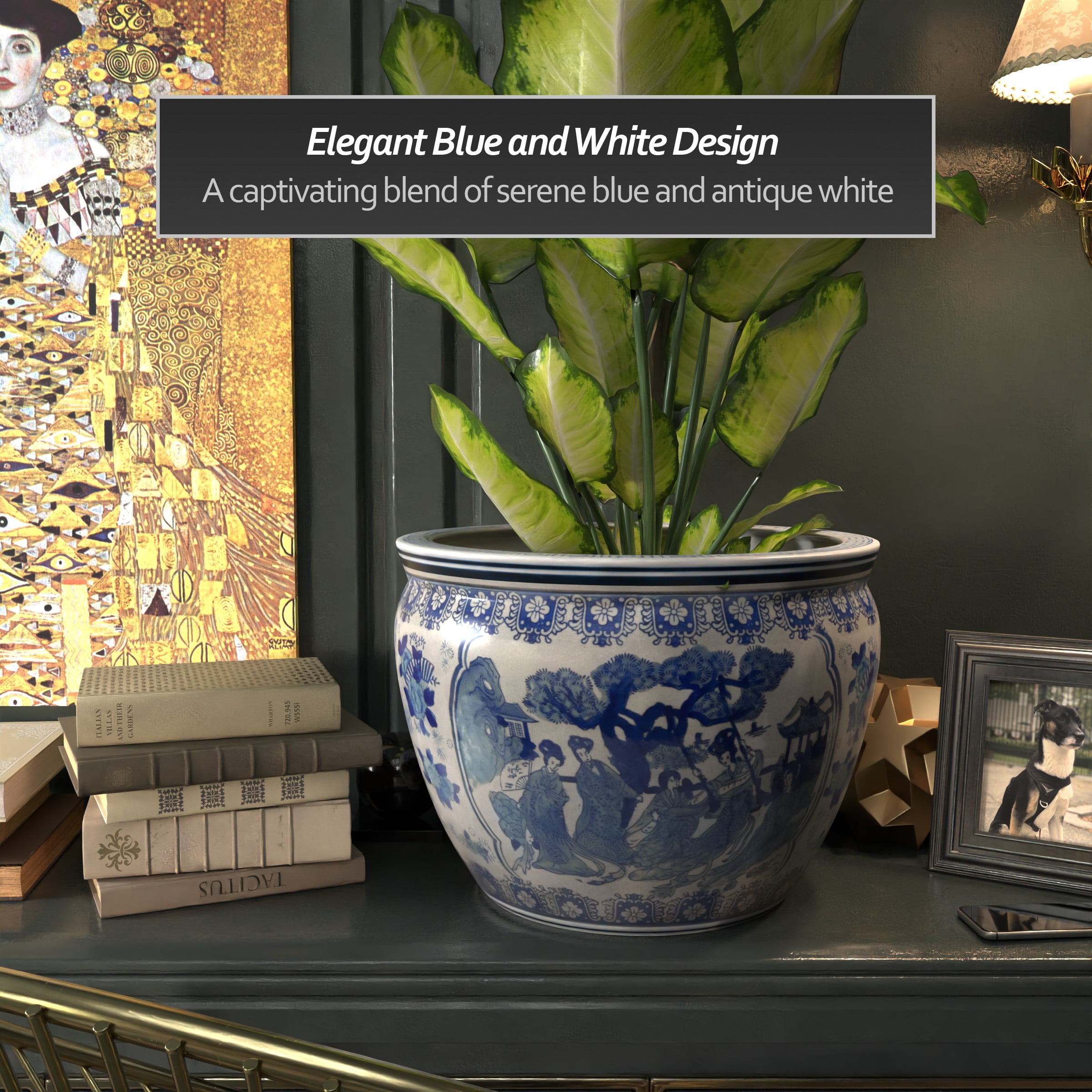 Red Lantern Large 18" Ladies Blue & White Porcelain Fishbowl Planter - Image 2