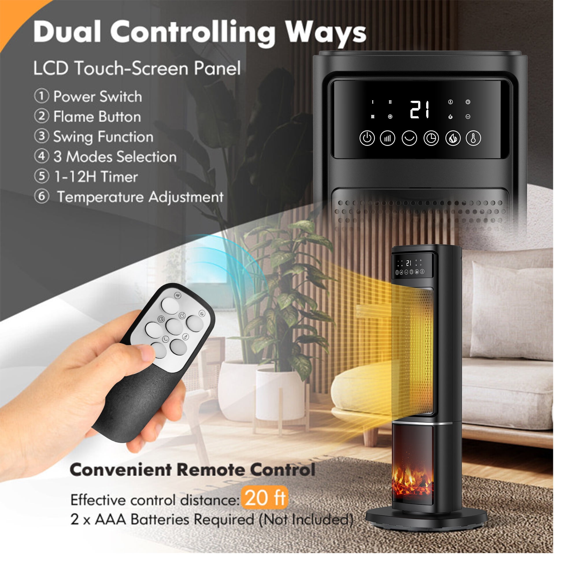 HONGGE 1500W Electric Space Heater PTC Fast Heating Ceramic Heater 3D Realistic Flame Safety Features for Office, Bedroom & Home - Image 6