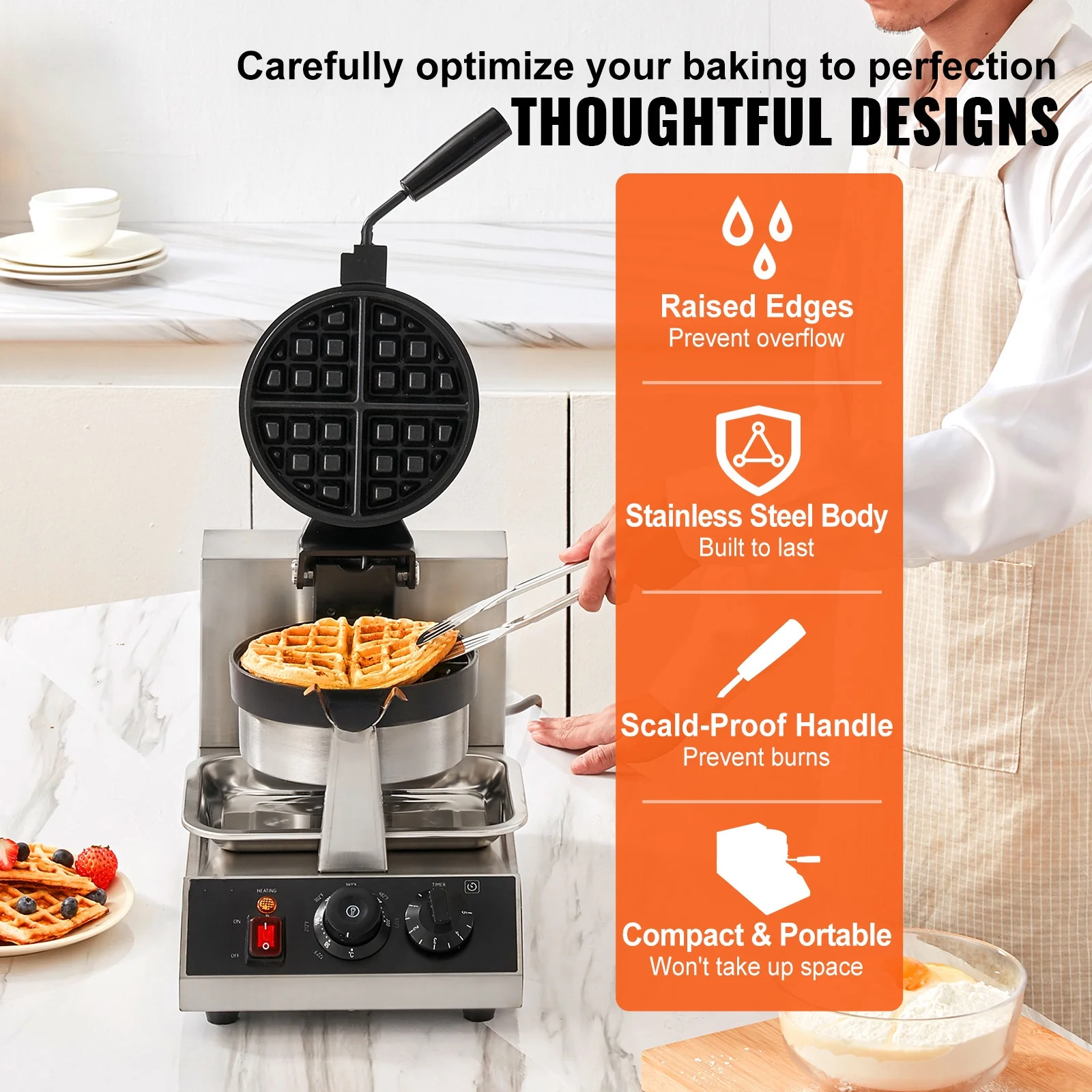 VEVOR Commerical Round Waffle Maker 1300W Rotatable Non-Stick Waffle Iron 120V - Image 9