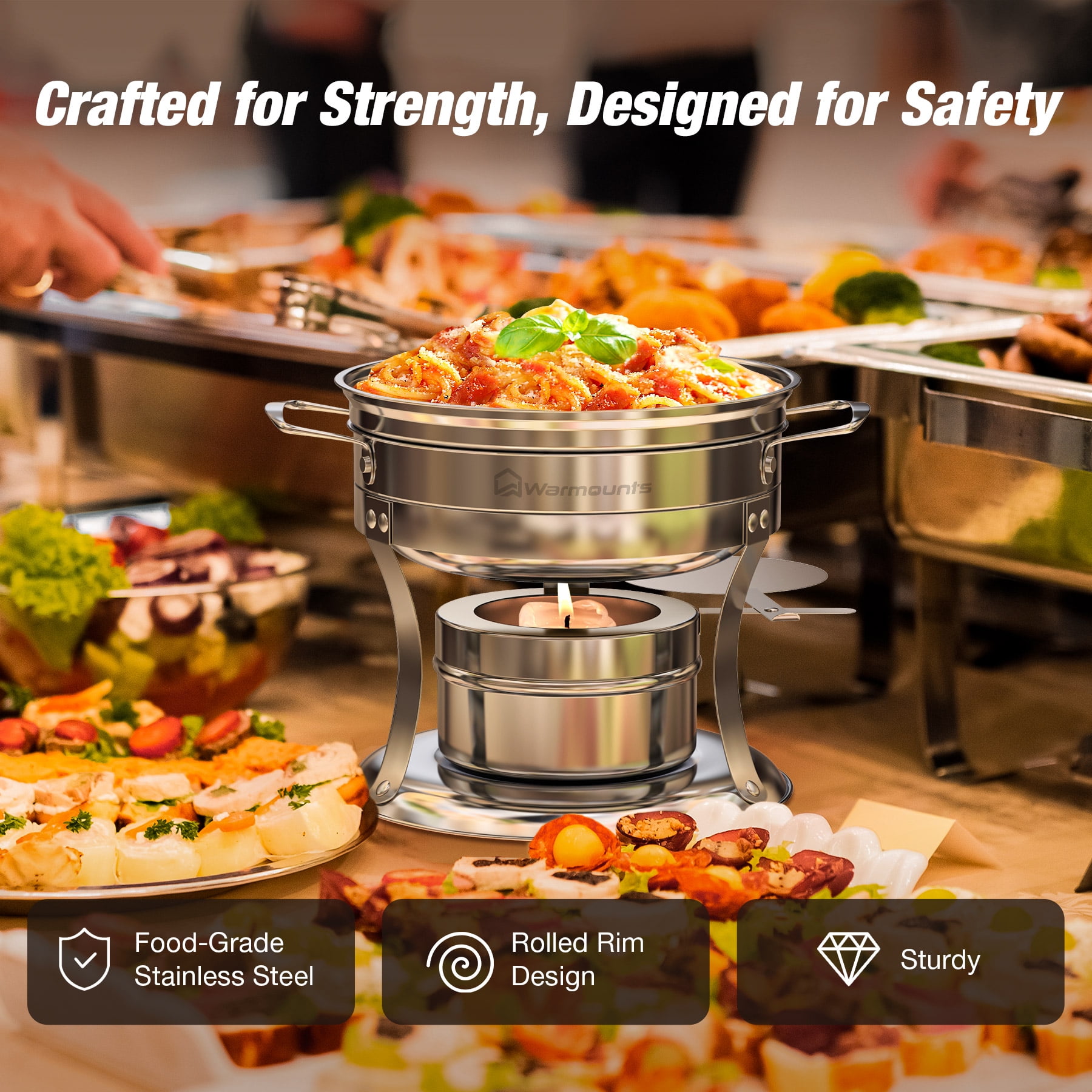 WARMOUNTS Chafing Dish Buffet Set, 4 Pack 1-Quart Round Buffet Chafe Warmer Set, 410 Stainless Steel Chafing Dish Buffet Food Warmer with Glass Lid & Holder - Image 3