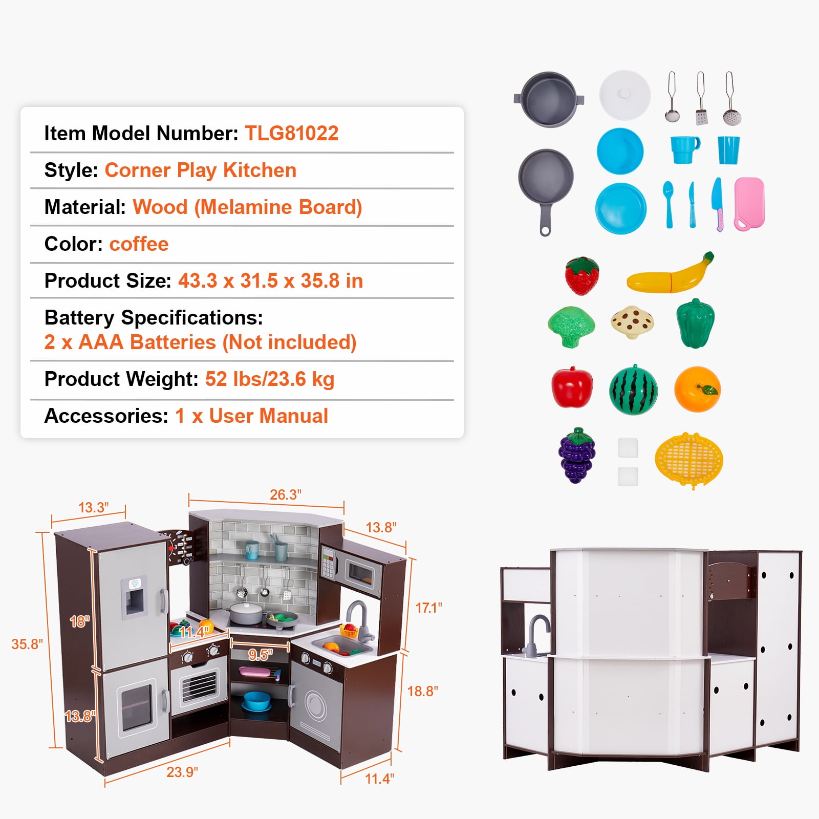 KFFKFF Play Kitchen Set for Kids, Includes Light & Sound Features, Kids' Kitchen with Ice Dispenser, Oven, Sink, Clock, Microwave, Fridge & Accessories, Ideal for Toddlers & Preschoolers, in Brown - Image 6