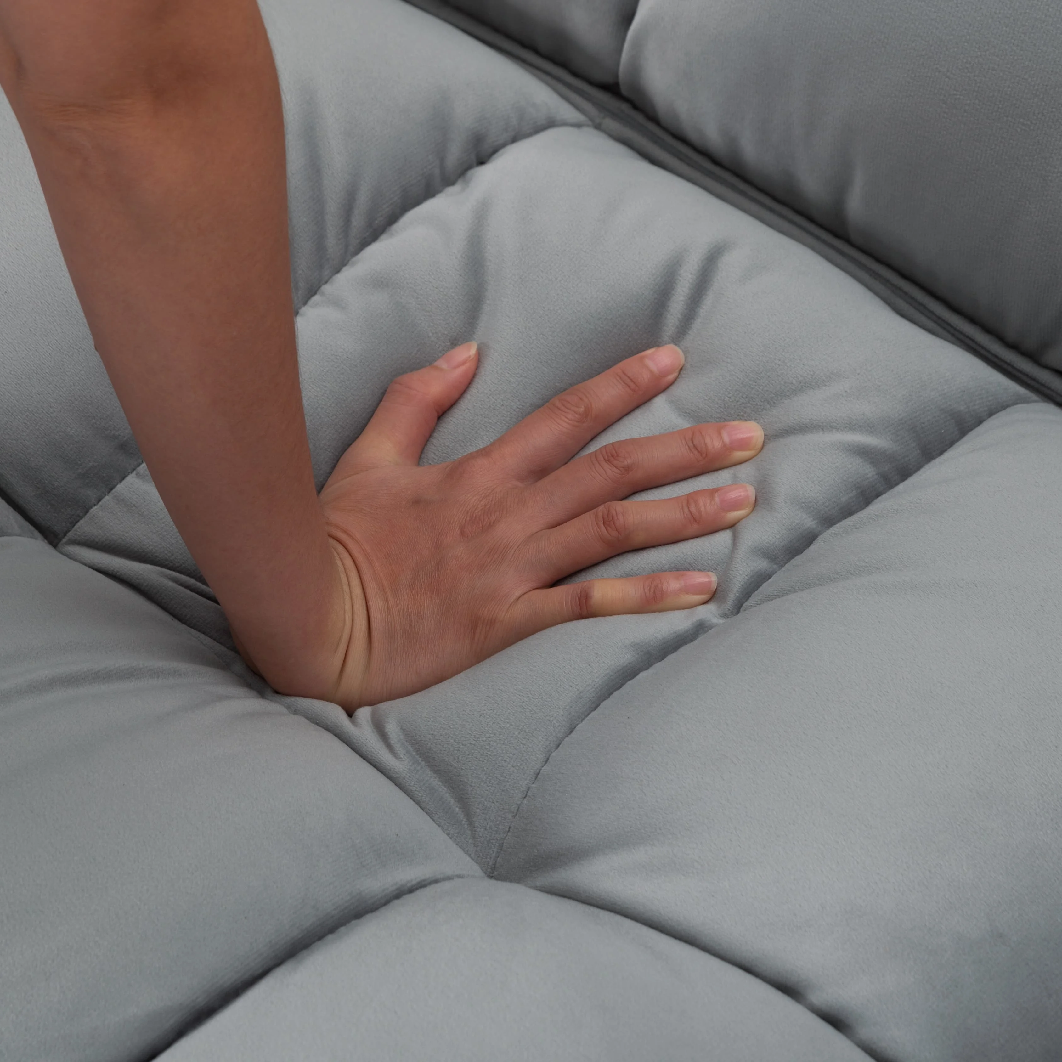 BSHTI 74” x 26.4” Futon Convertible Sofa, 3 Angles for Adjusting, Velvet Fabric, Square-Tufted Upholstery, with Silver Metal Legs, Twin Size Sleeper Sofa, Light Gray - Image 3